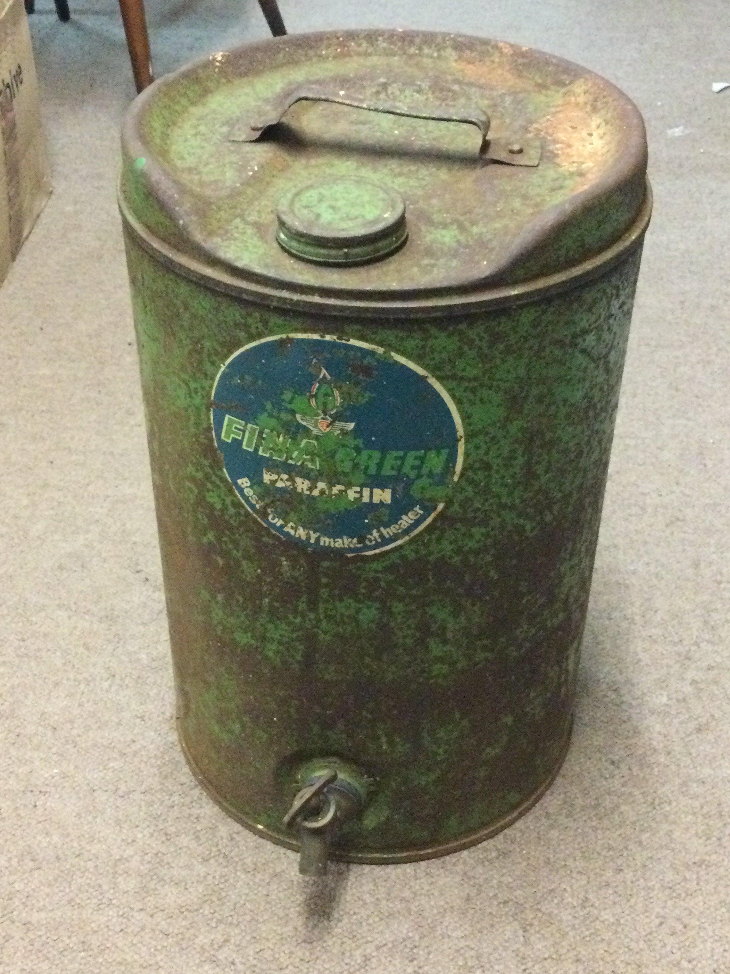 5 gallon fina green paraffin can with tap, 44cm tall. This lot cannot be posted