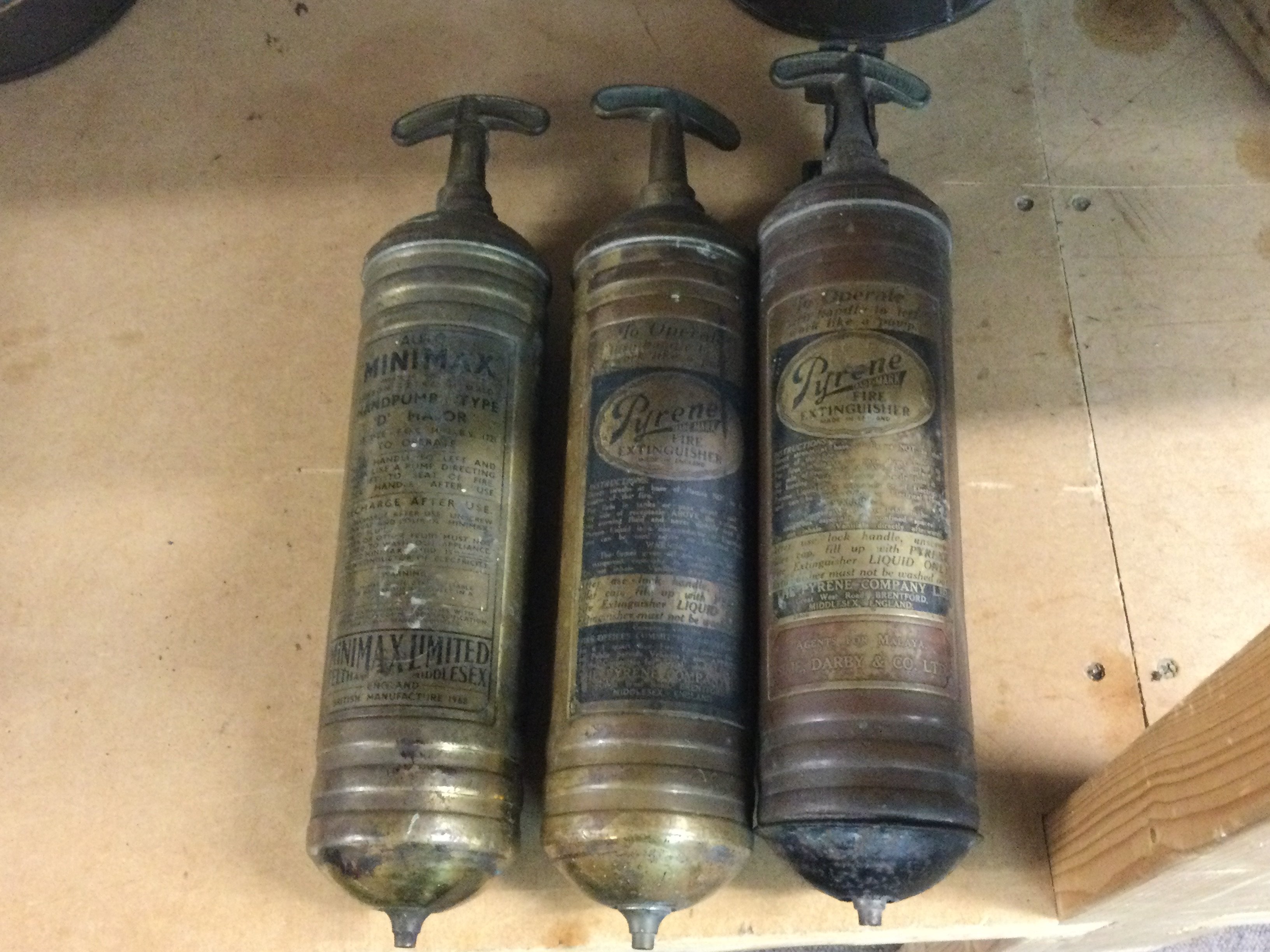 Three old car brass car fire extinguishers , postage category B