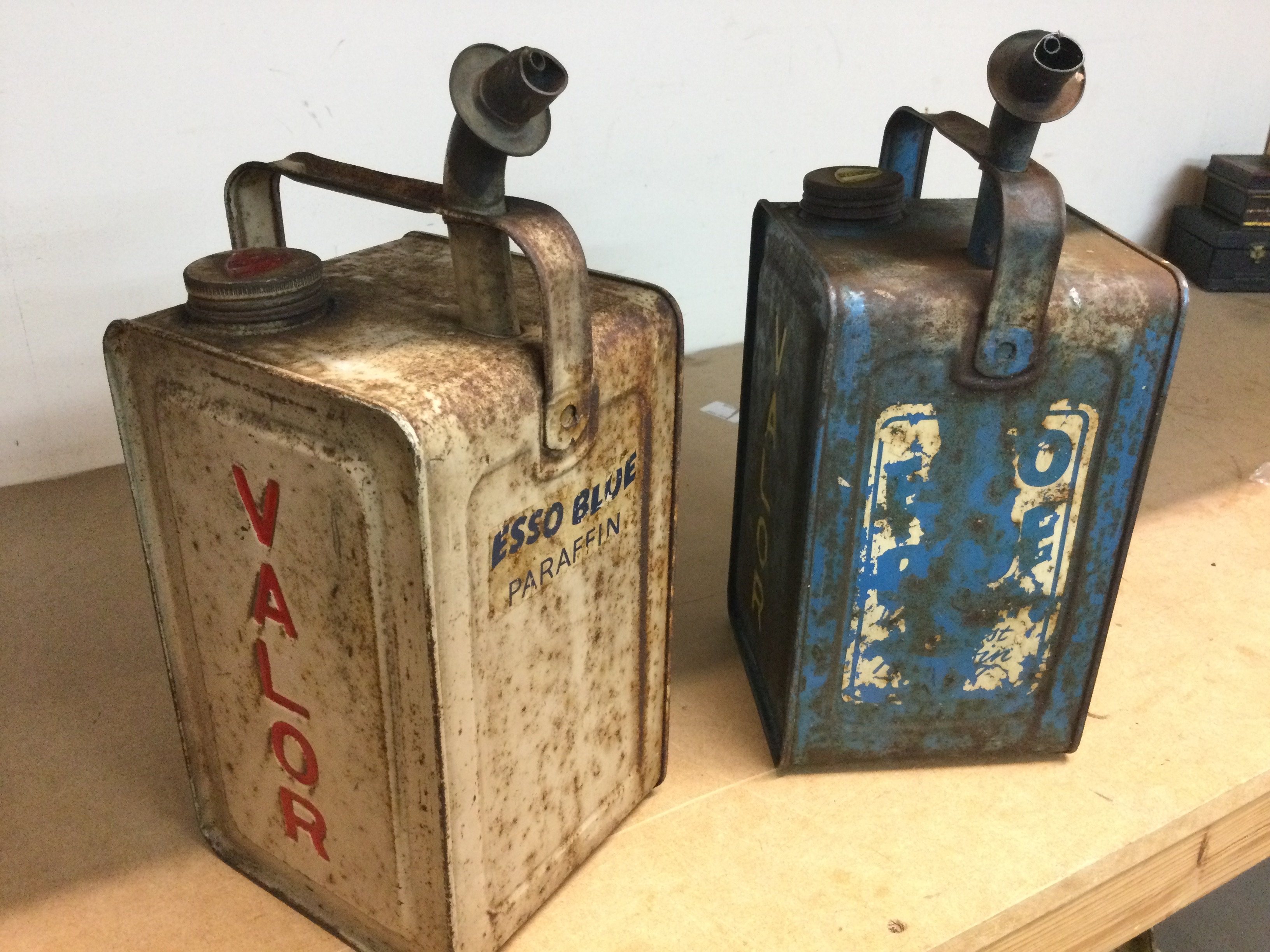Vintage Valor Esso blue can and a white Valor Esso blue can . Postage category C