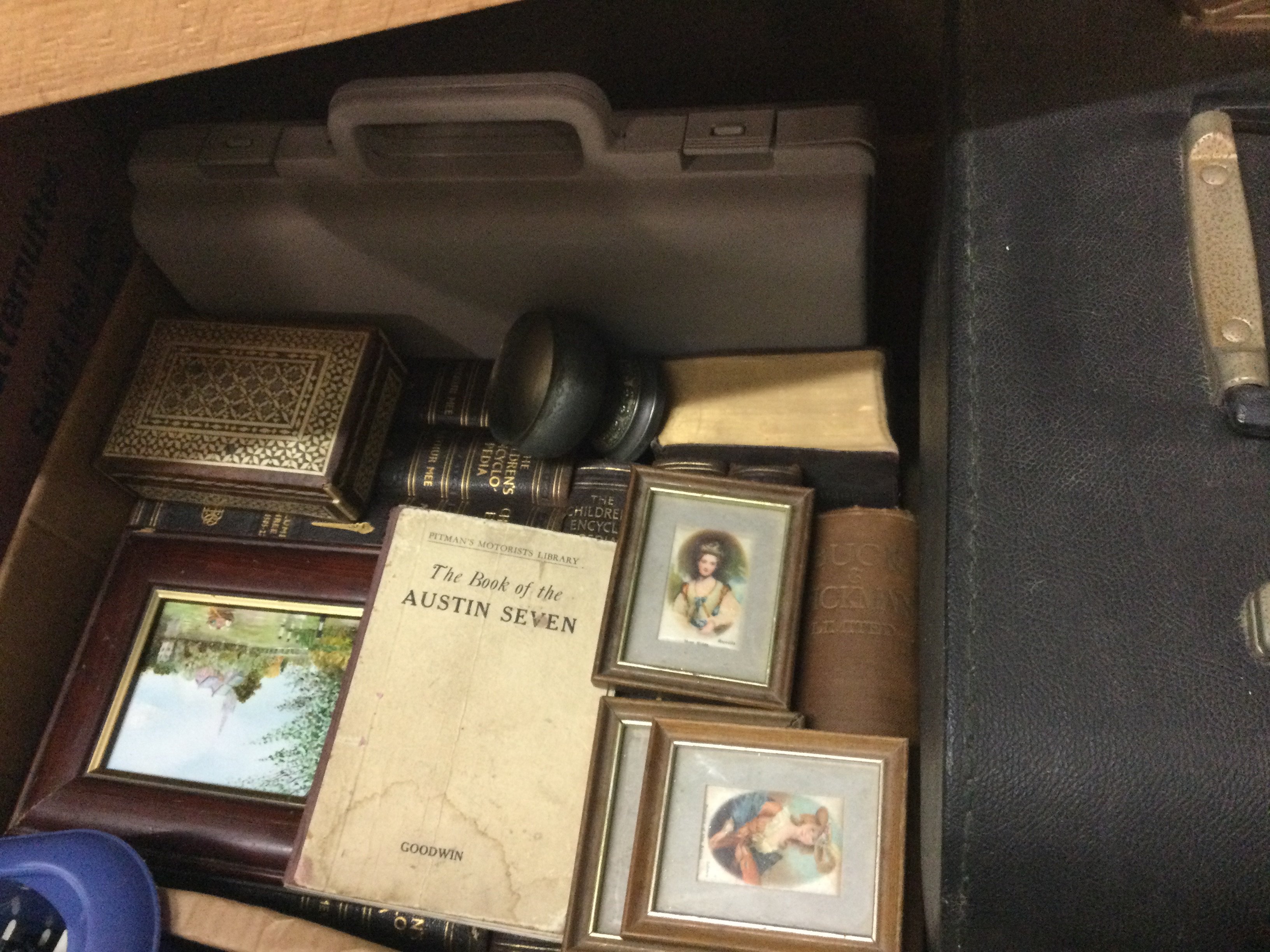 A box of oddments including A Erika 100/105 typewrite, miniature framed silks, Arthur Mee Encyclopaedia etc
