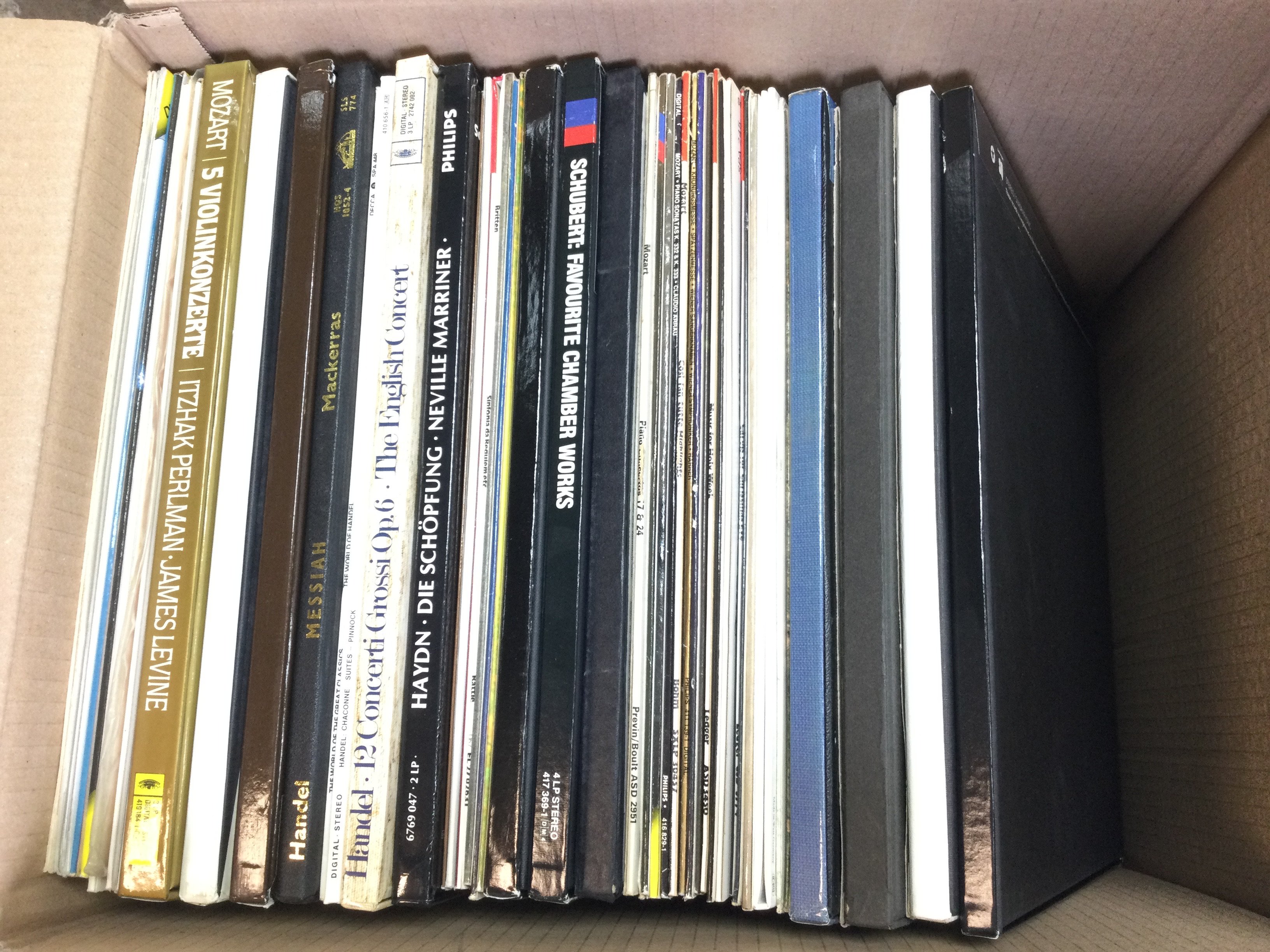 Two boxes of vinyl records mostly classical.