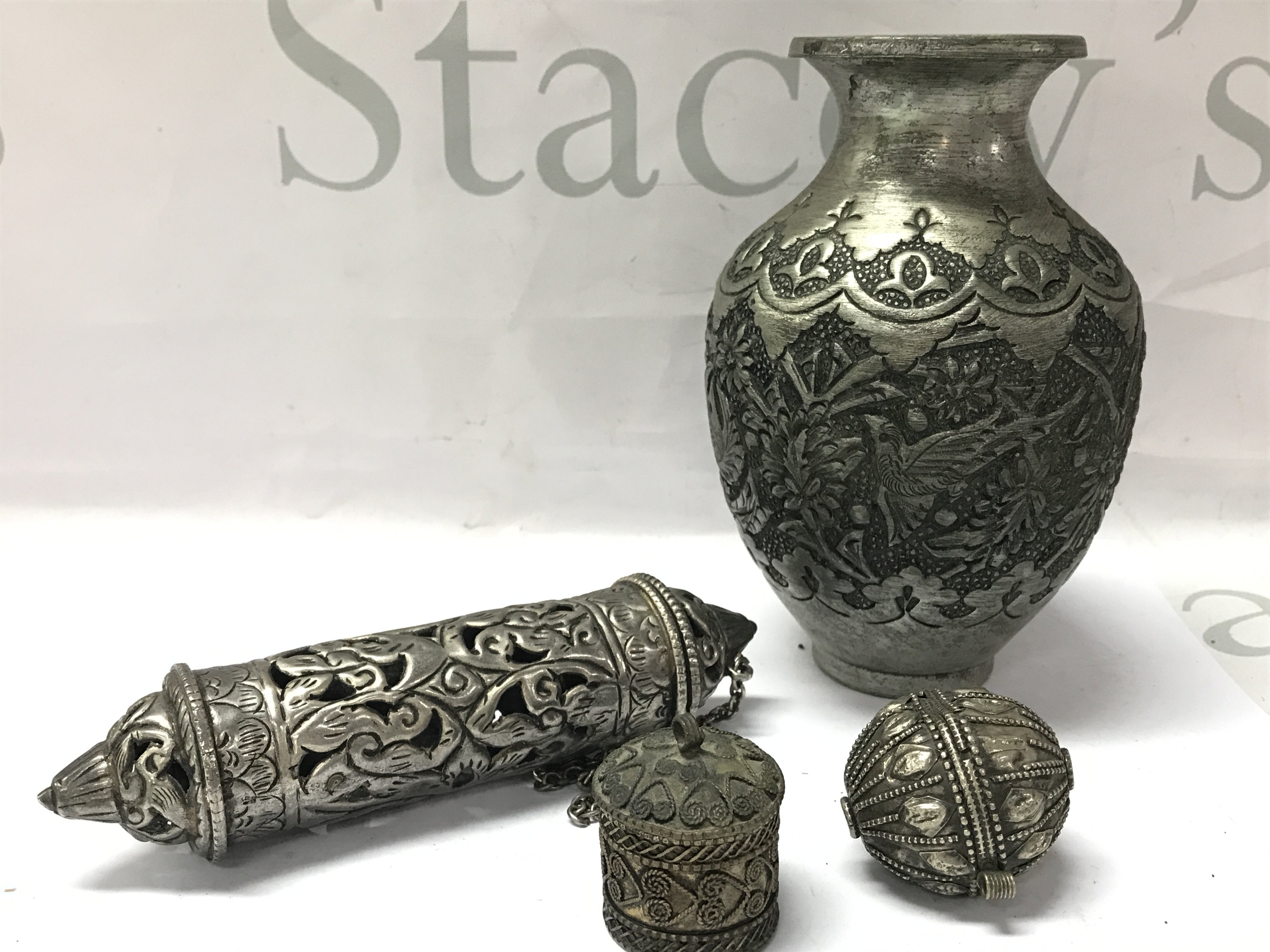 Persian vase, Yemen bead, Tibetan scroll, trinket box. Postage category B