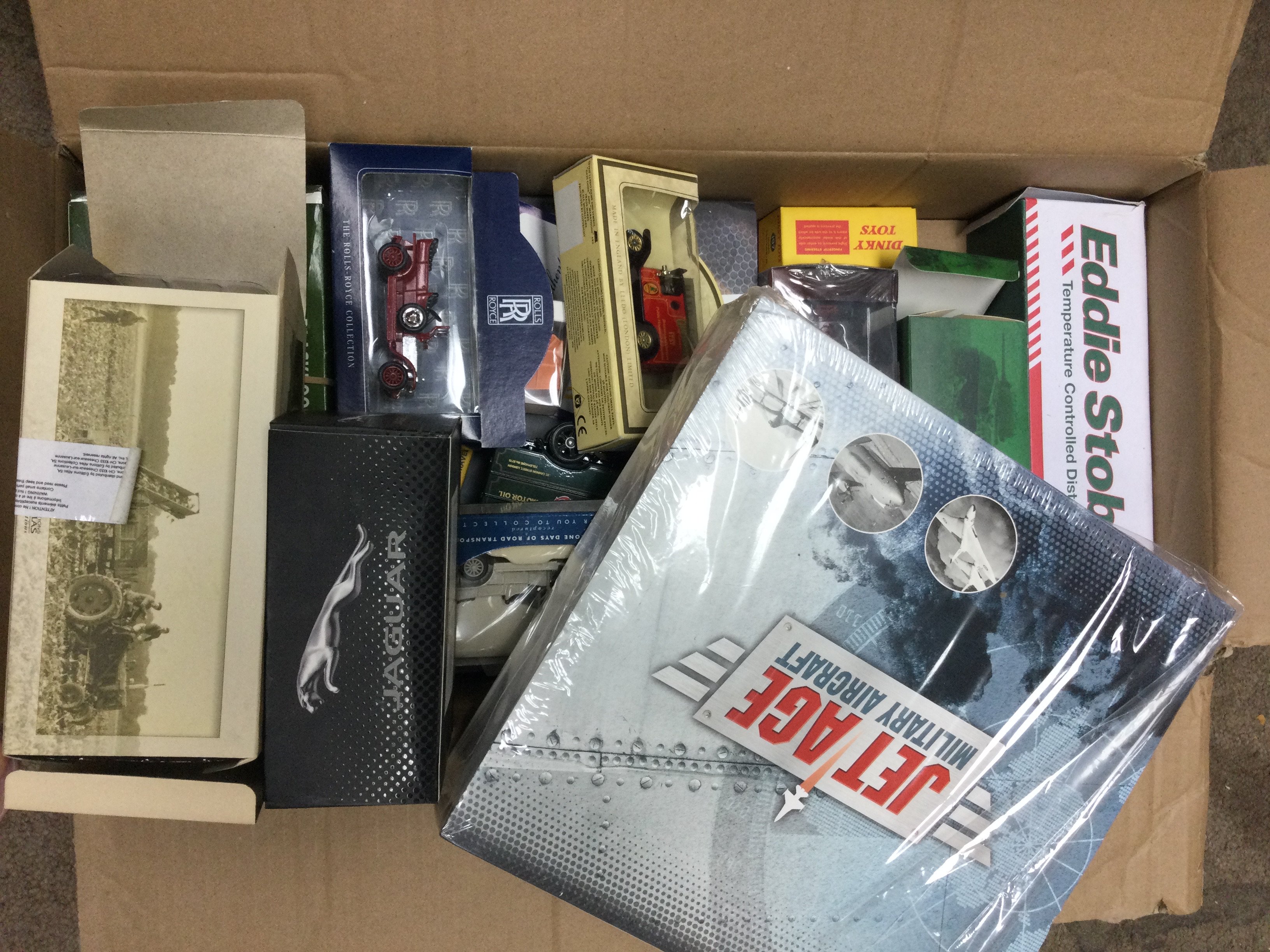 A box containing Toys various including Jet Age Military Aircraft, Eddie Stuart etc