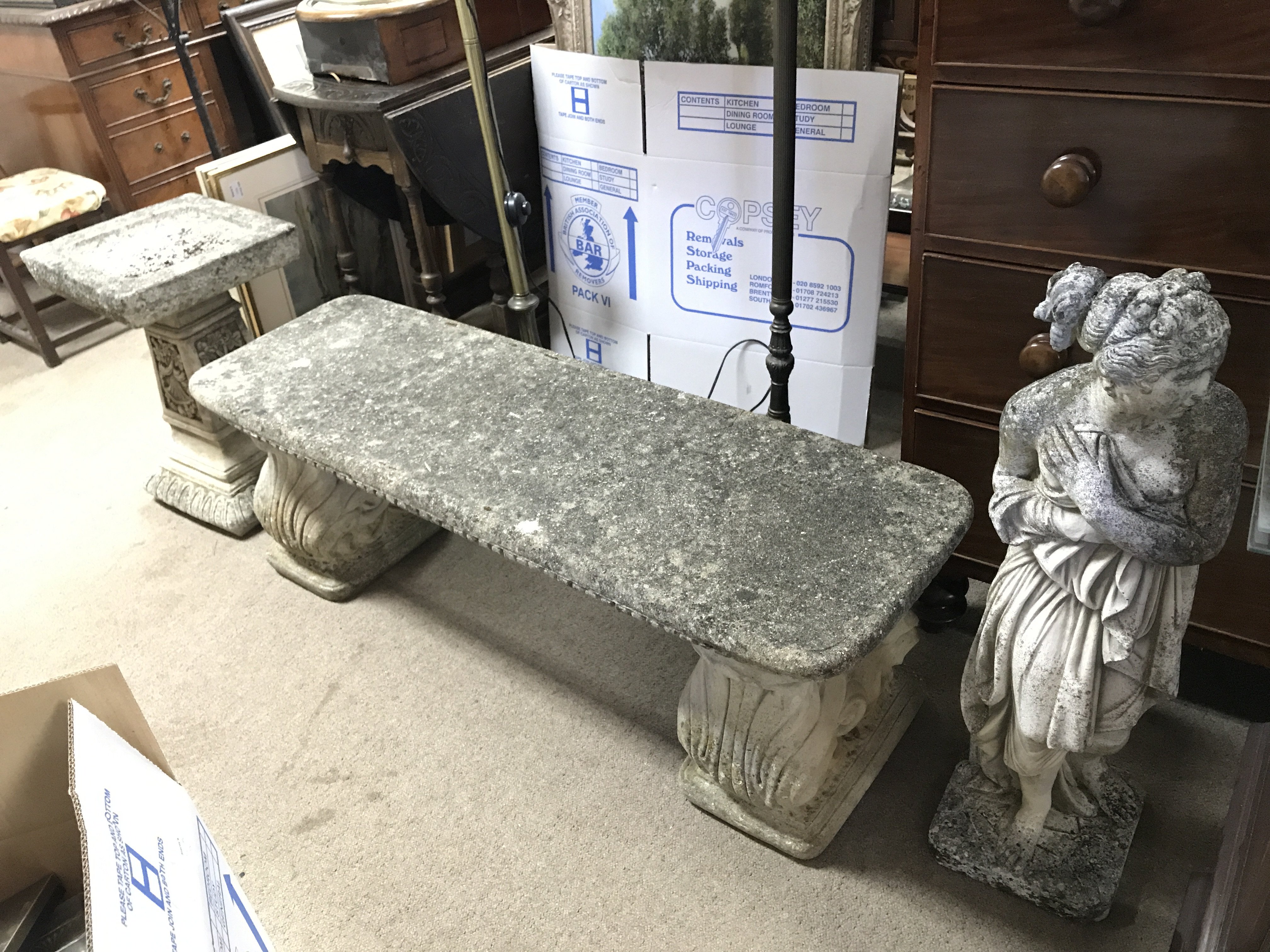 A composition classical garden ornament bench (122cm wide 40cm tall) bird Bath (54cm tall) and woman figure , (80cm tall).