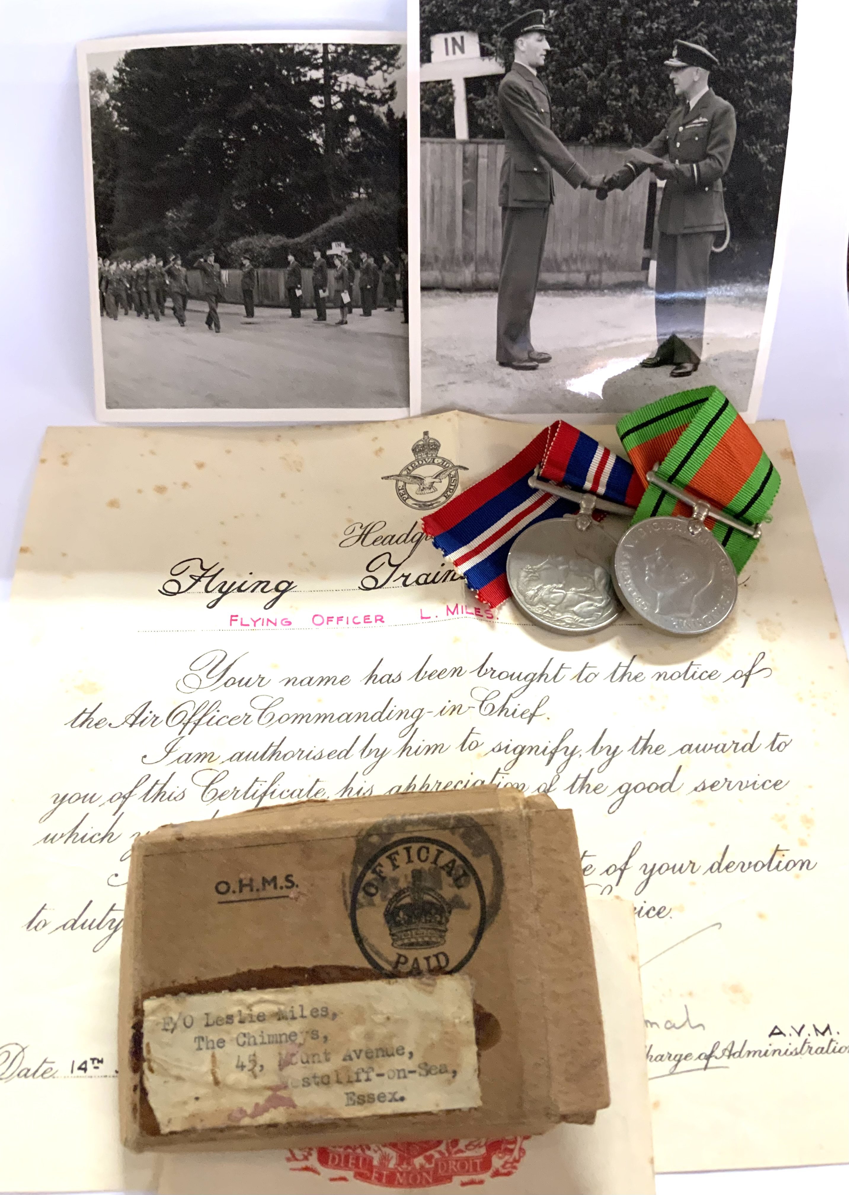 Awarded to Flying officer L Miles (From the Estate of the late Alderman L Miles ref lot 702), 2 general service medals, photographs and good service notice. (A)