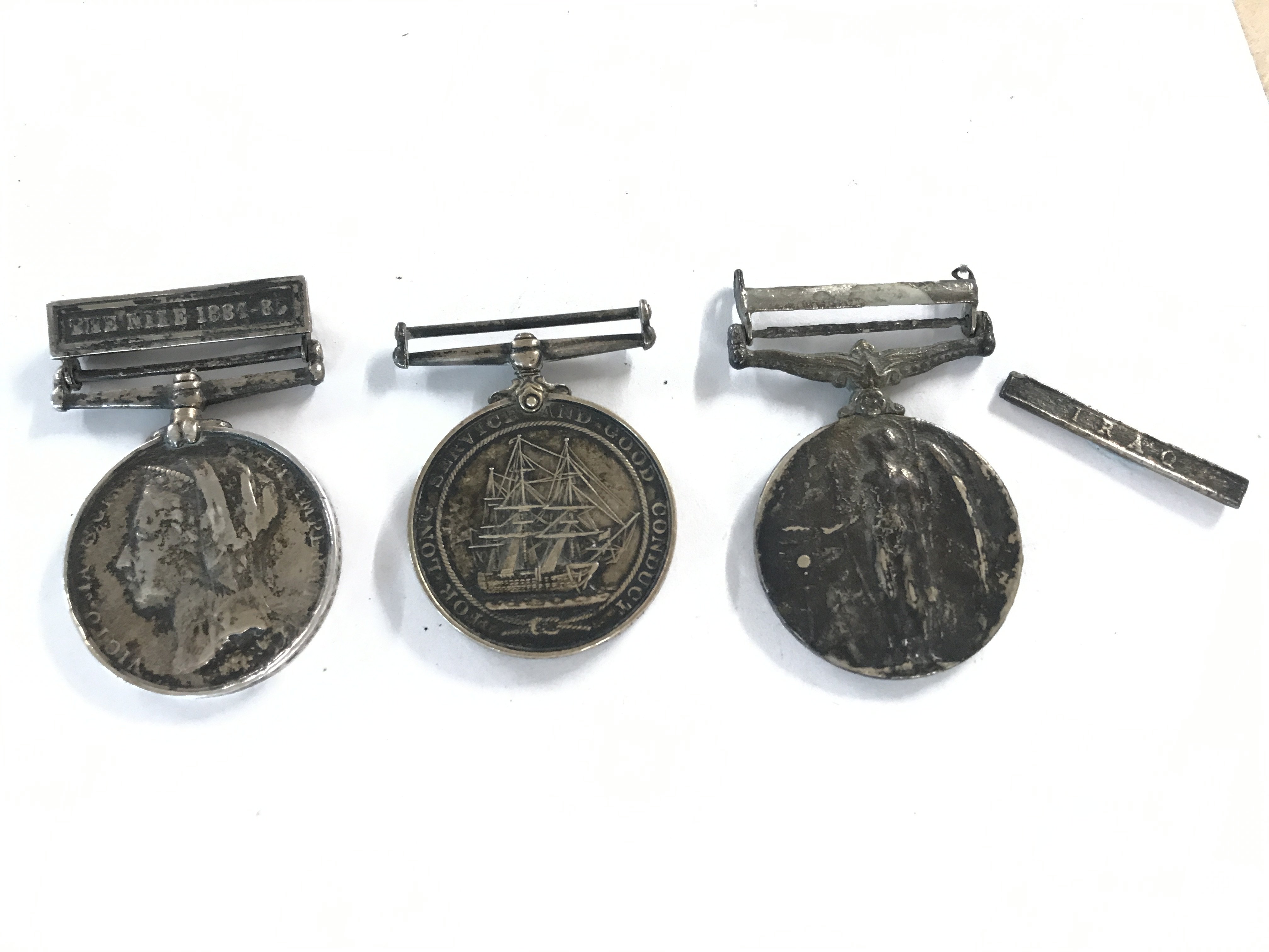 Metal detector found medals including Victorian Egypt 1882 medal with The Nile 1884-85 clasp presented to P.T KELLERT E.R ARTILLERY , long service and conduct presented to Alfred Beer . A.B H.M.S INDOMITABLE, general service with Iraq clasp