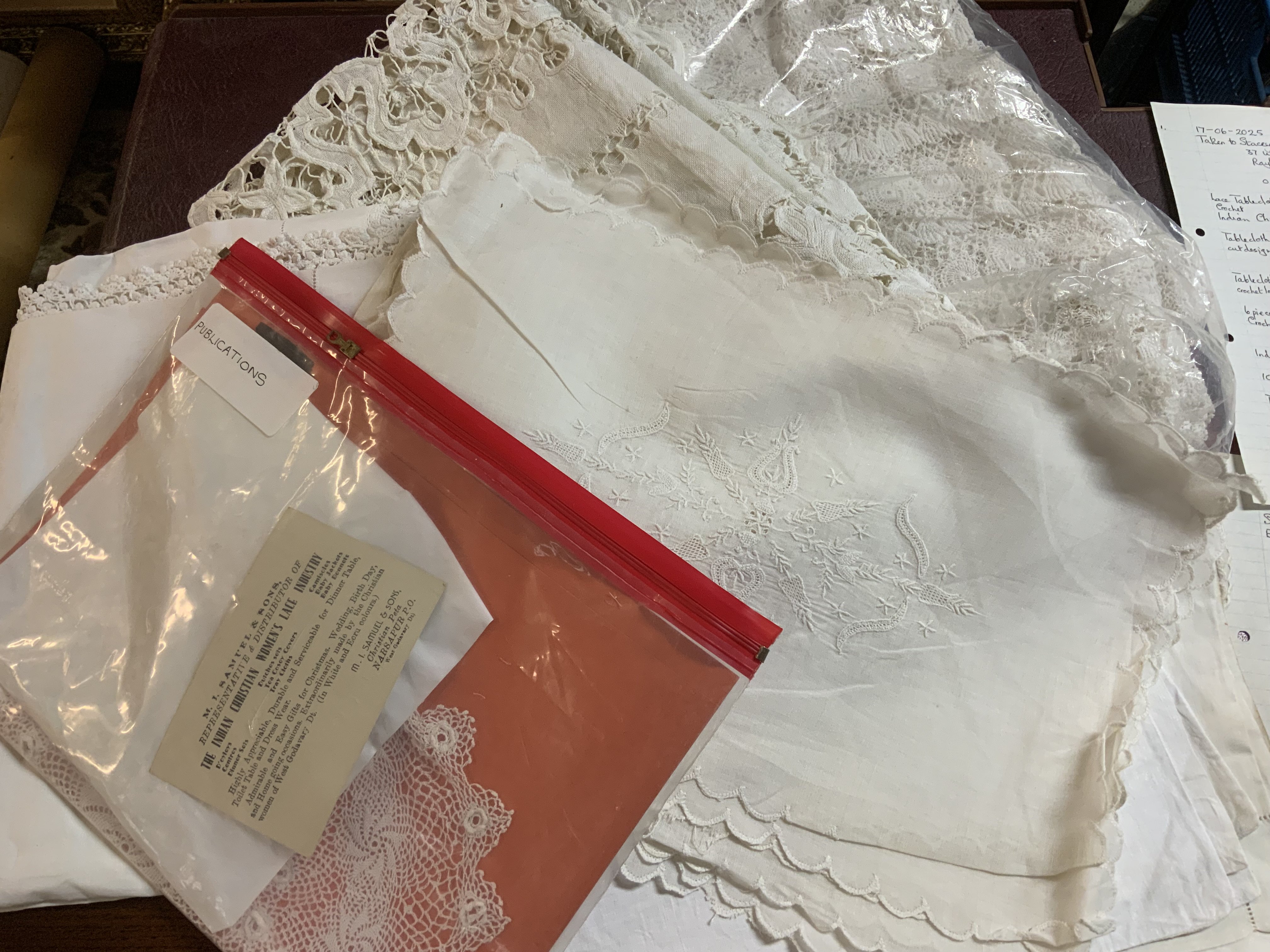 A good collection of linen and lace to include pieces from the Indian Christian Women&rsquo;s lace industry.