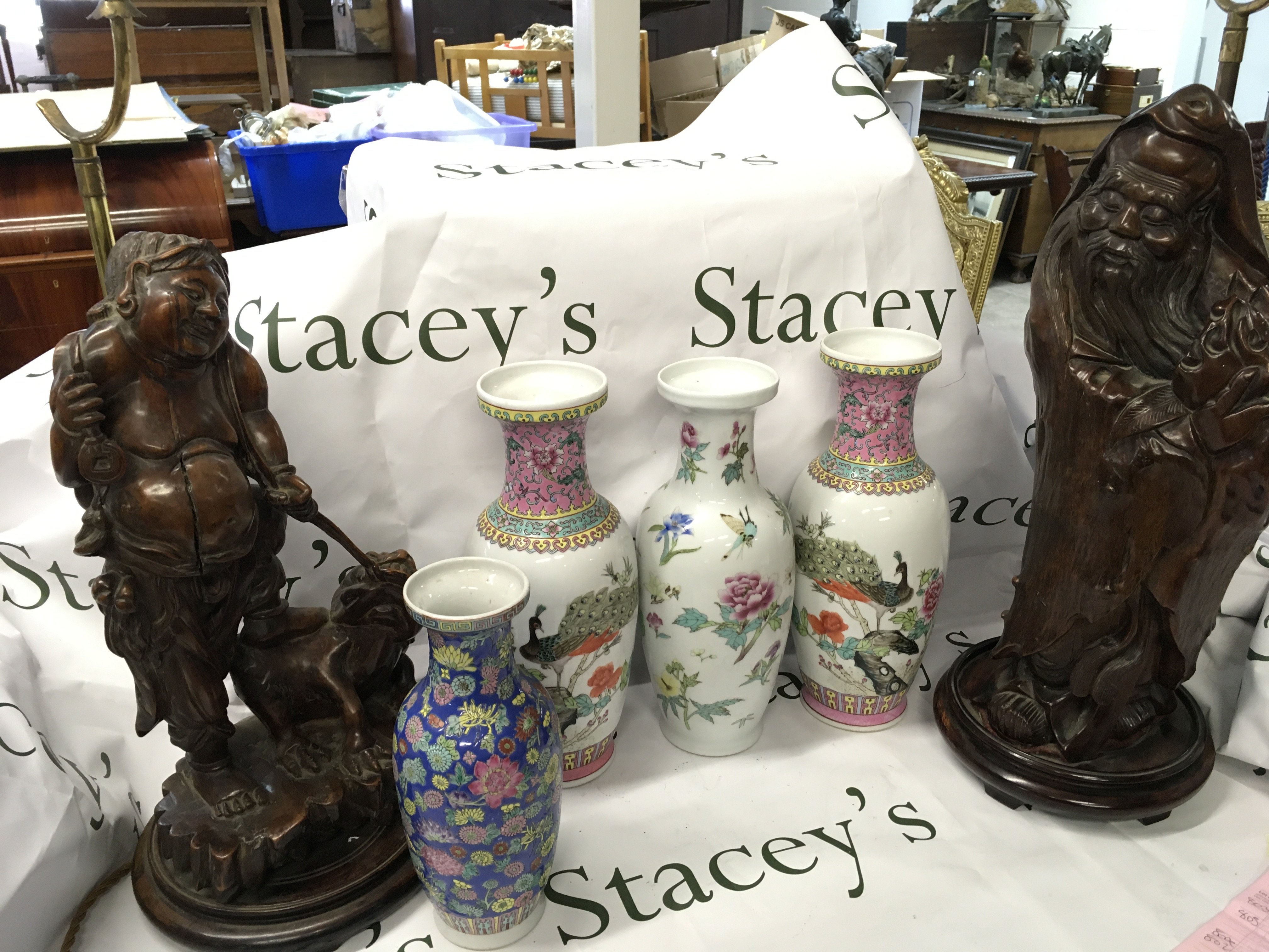 Two late 19th century carved saga figure lamps late republic Porcelain vases . This lot cannot be posted