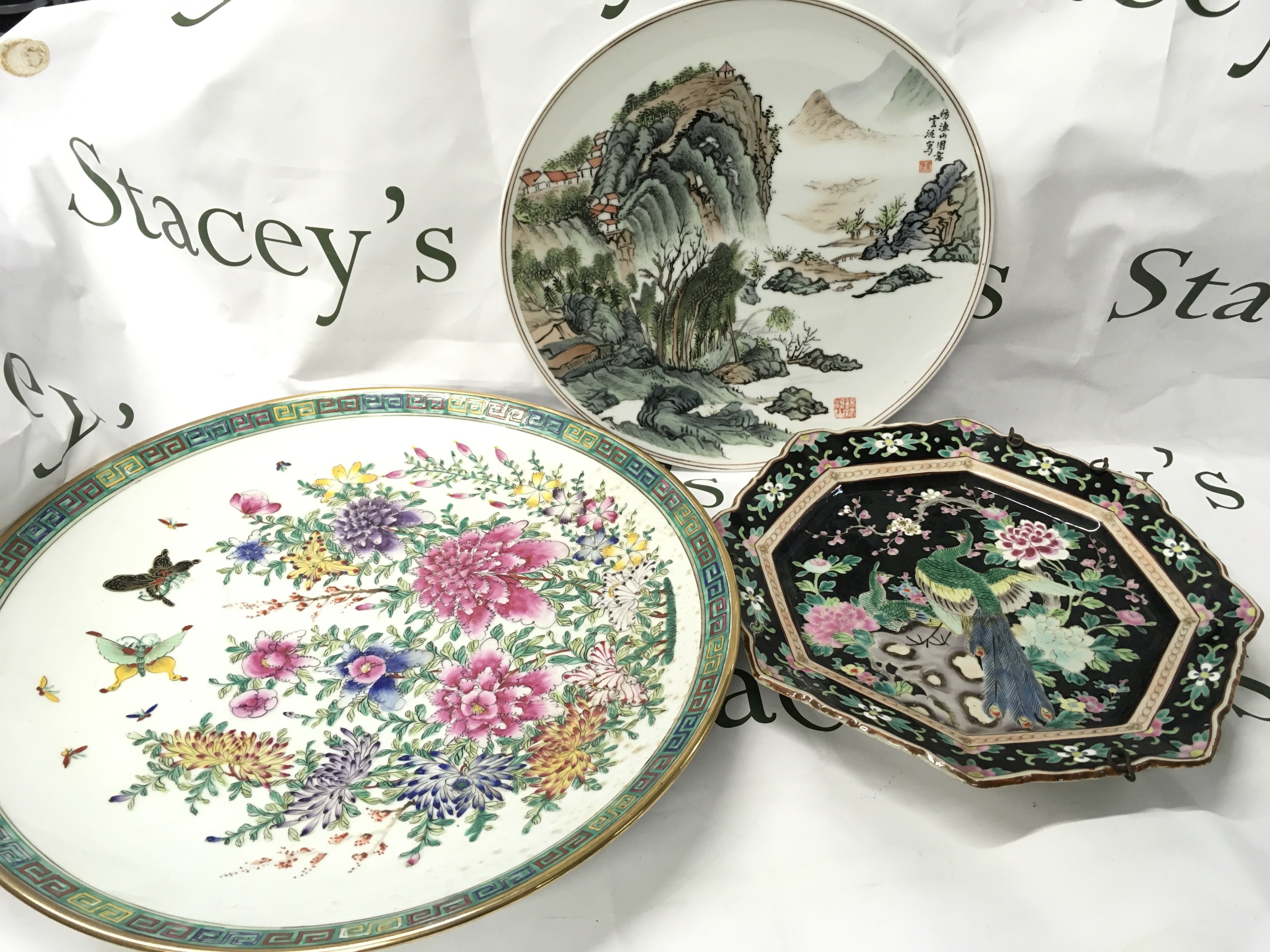 Three late Chinese republic dishes. 29 to 40cm wide This lot cannot be posted