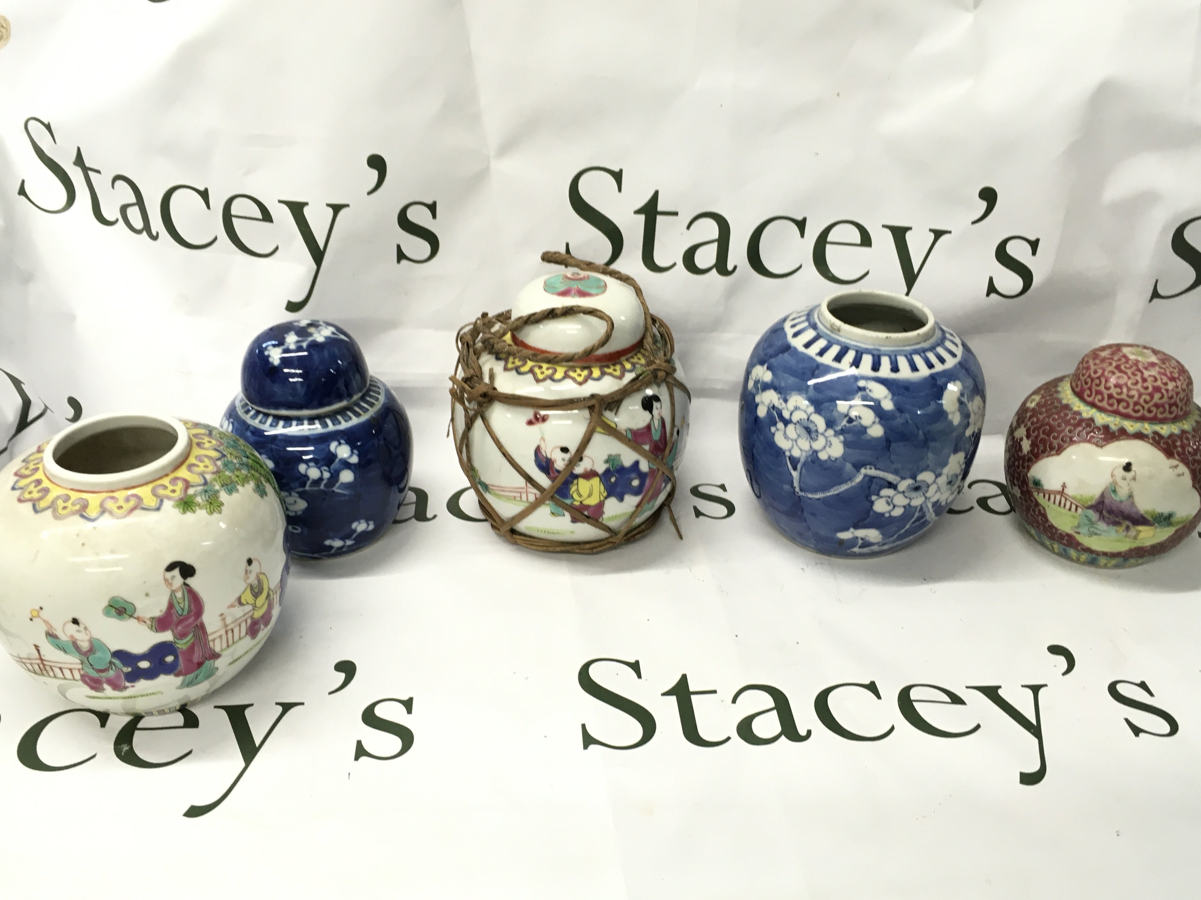 Five Chinese ginger jars, two without lids. This lot cannot be posted