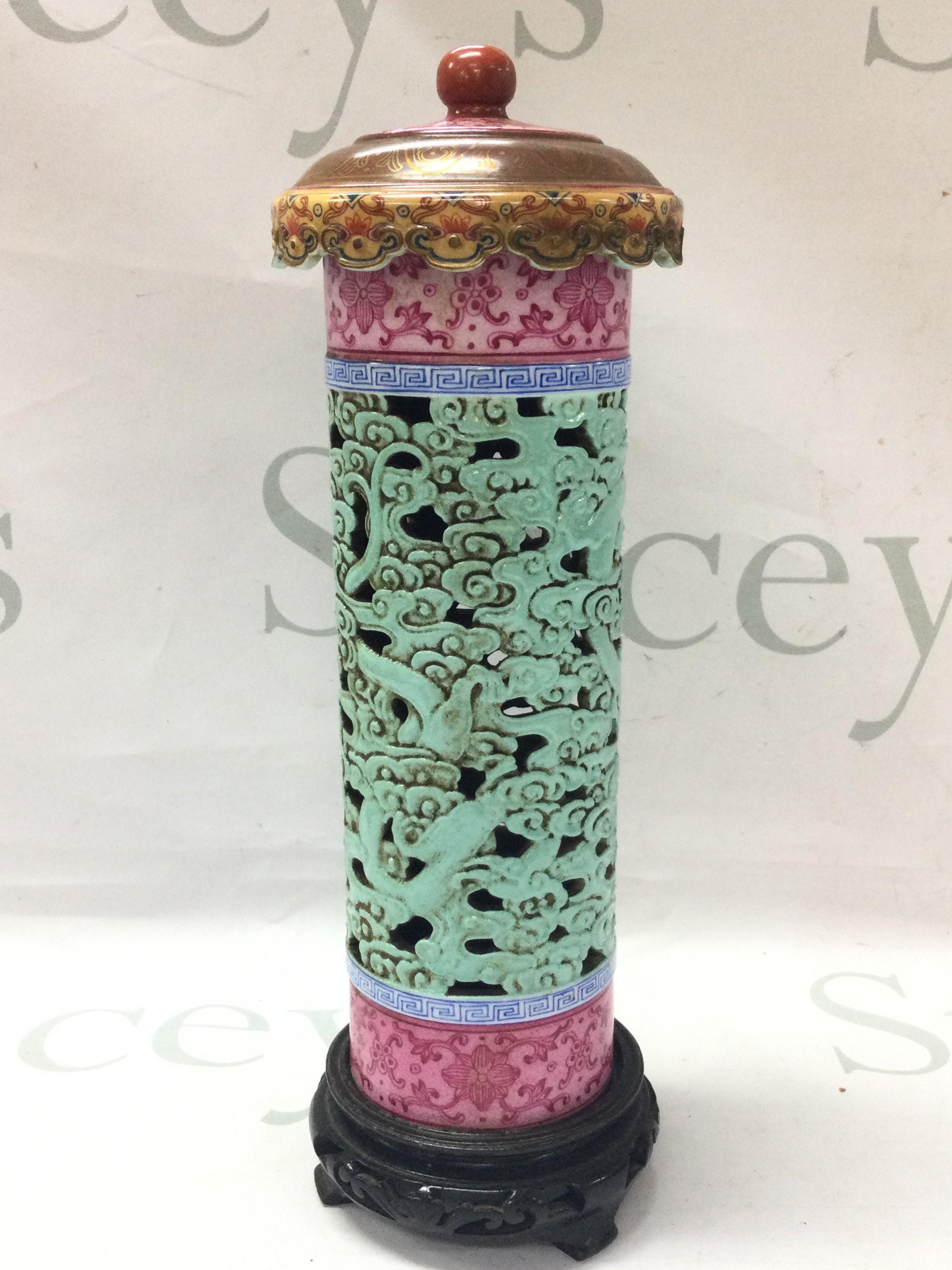 A Chinese enamel incense burner with lid ,27.5cm tall . This lot cannot be posted