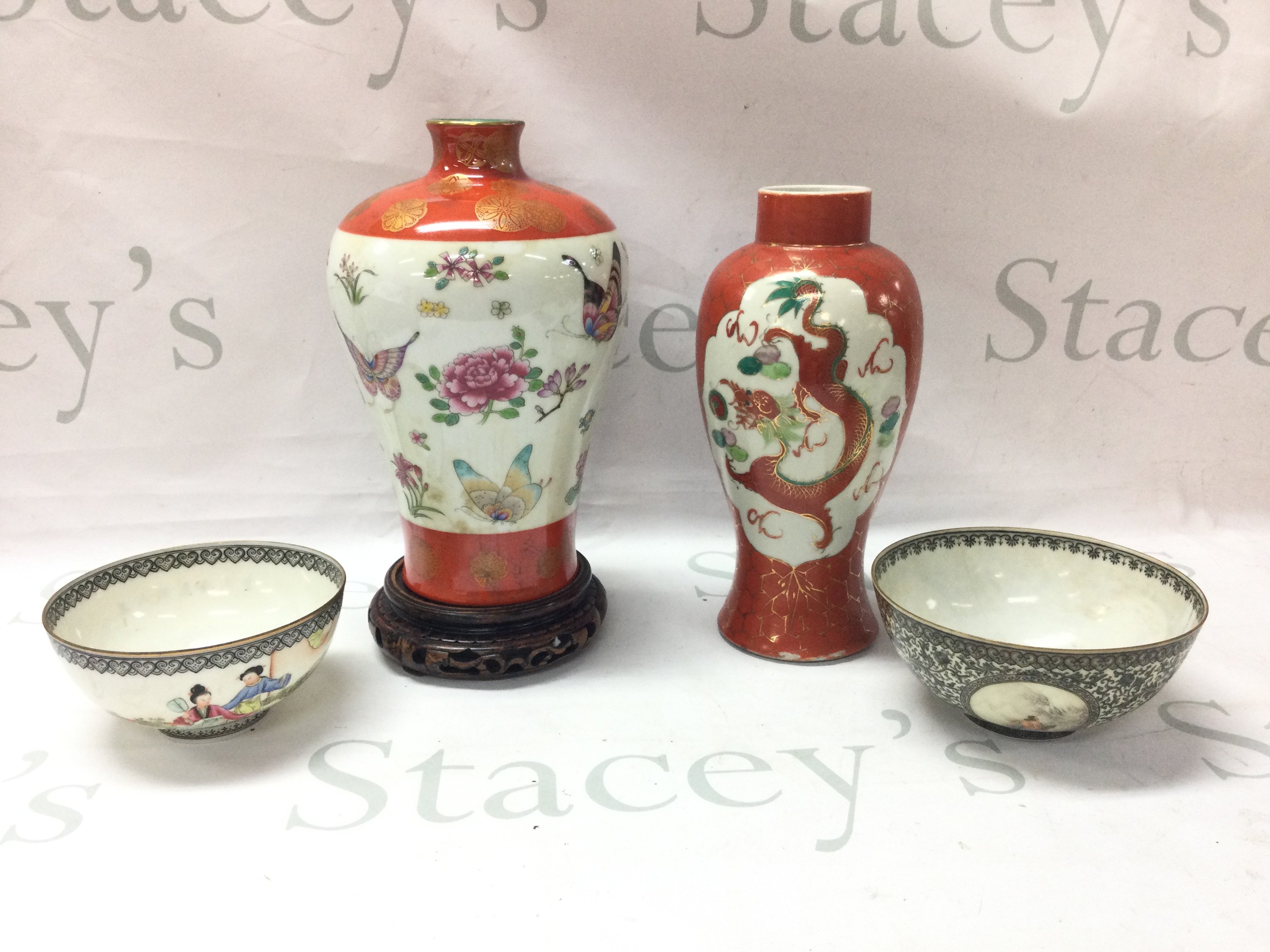 A Famille Rose Chinese Meiping shaped vase decorated with butterflies and floral design, dragon and phoenix vase (21.5cm tall approximately) Chinese republic eggshell porcelain bowls decorated with figure scenes (hairline cracks seen in both) . This lot cannot be posted