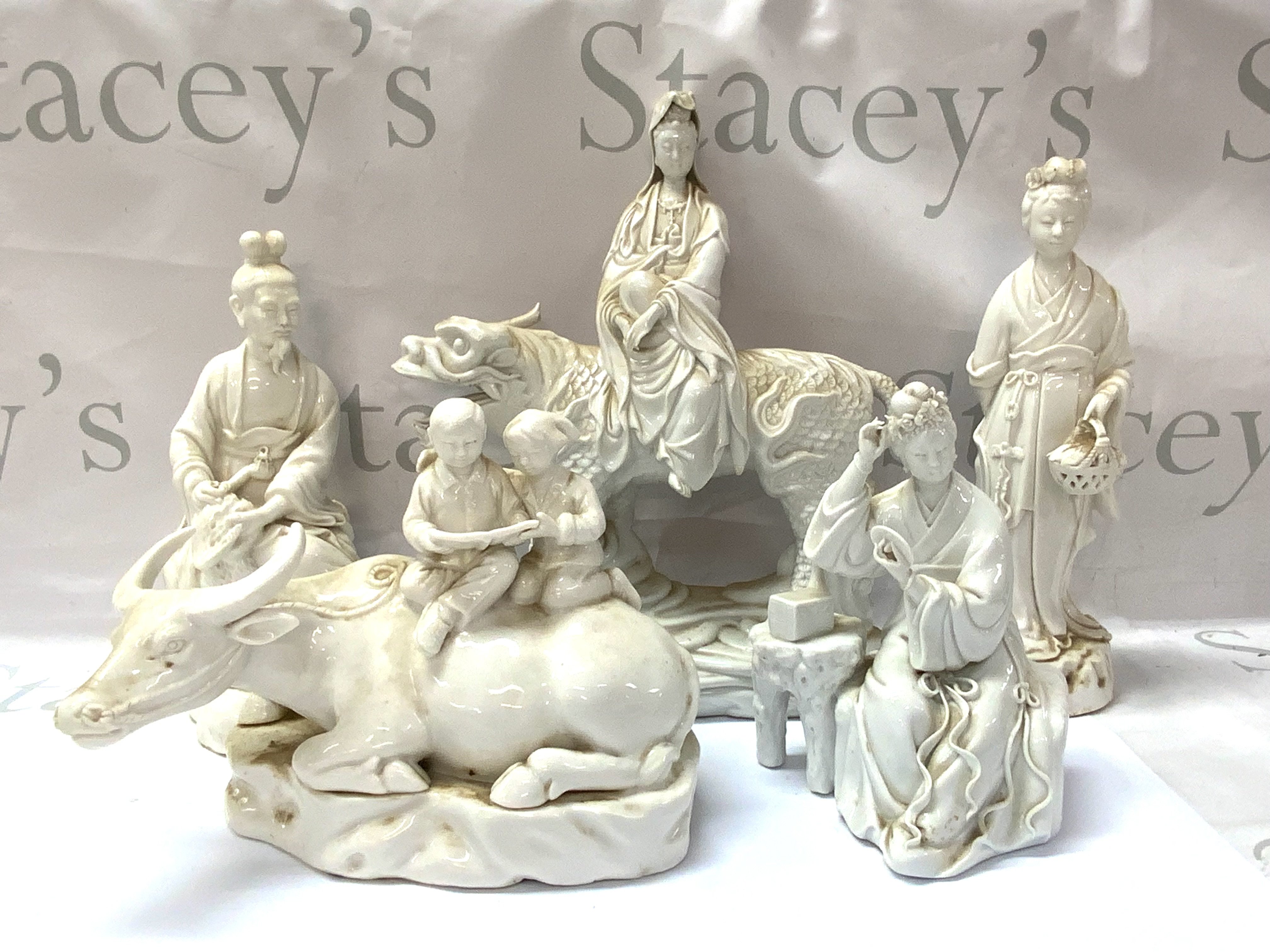 Five Chinese Blanc De Chine porcelain figures.