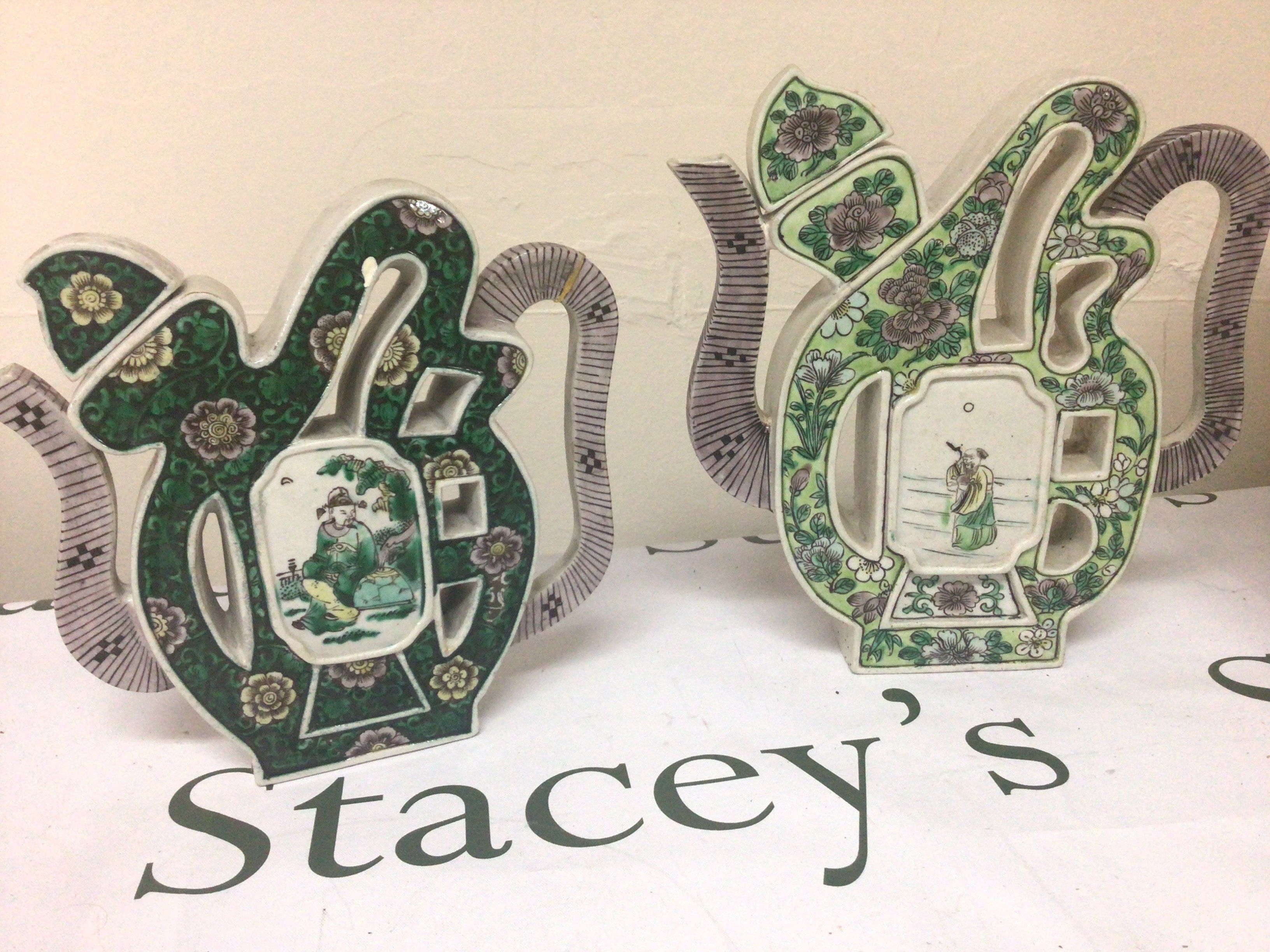 Two unusual shaped late Republic Chinese tea pots and a jardiniere (some damage)