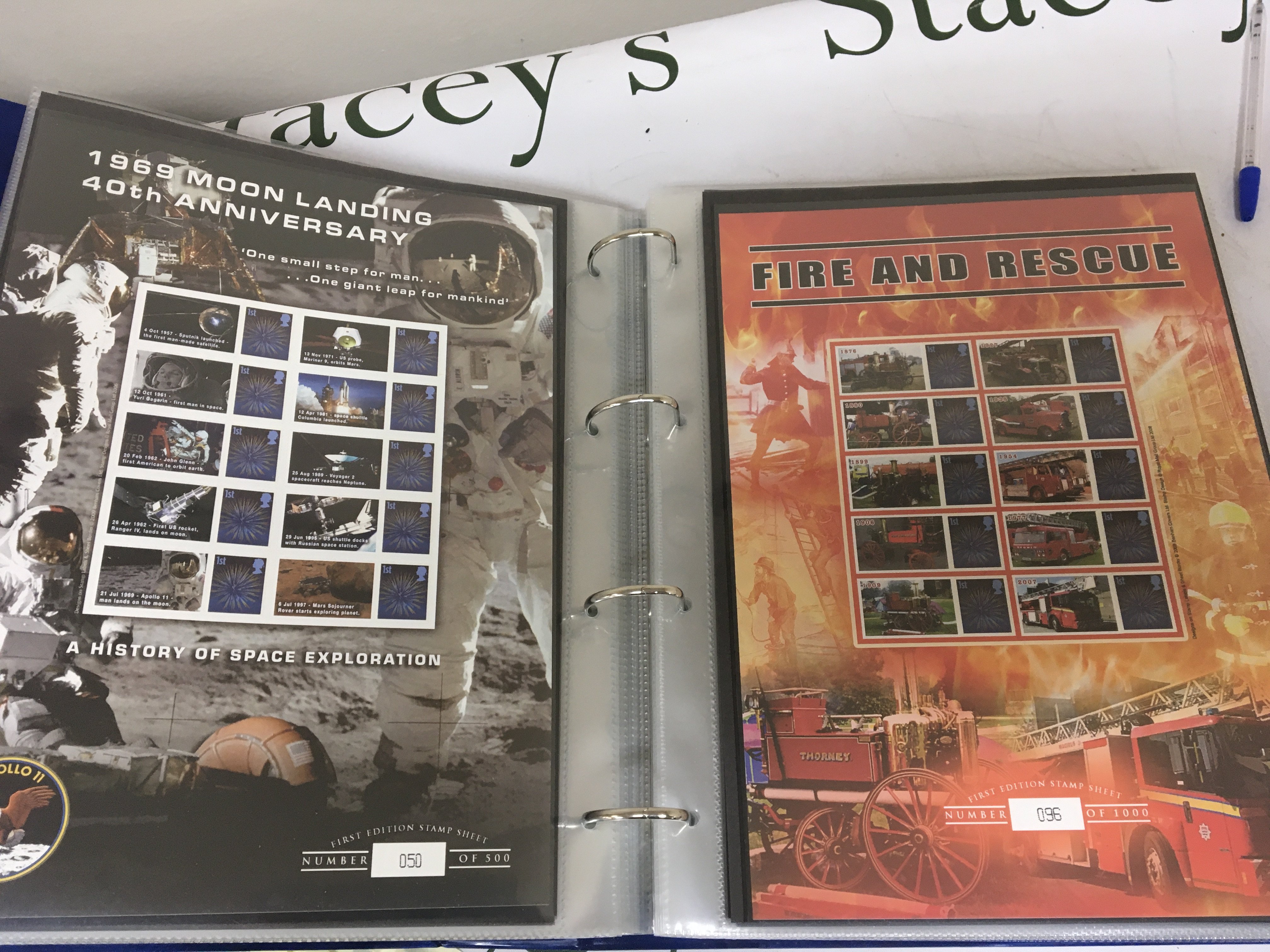 An Album containing limited edition First Edition British Royal Mail Pictorial First class stamp sheets with in excess of 90 covers all with Ten First class stamps unused and in very good condition.