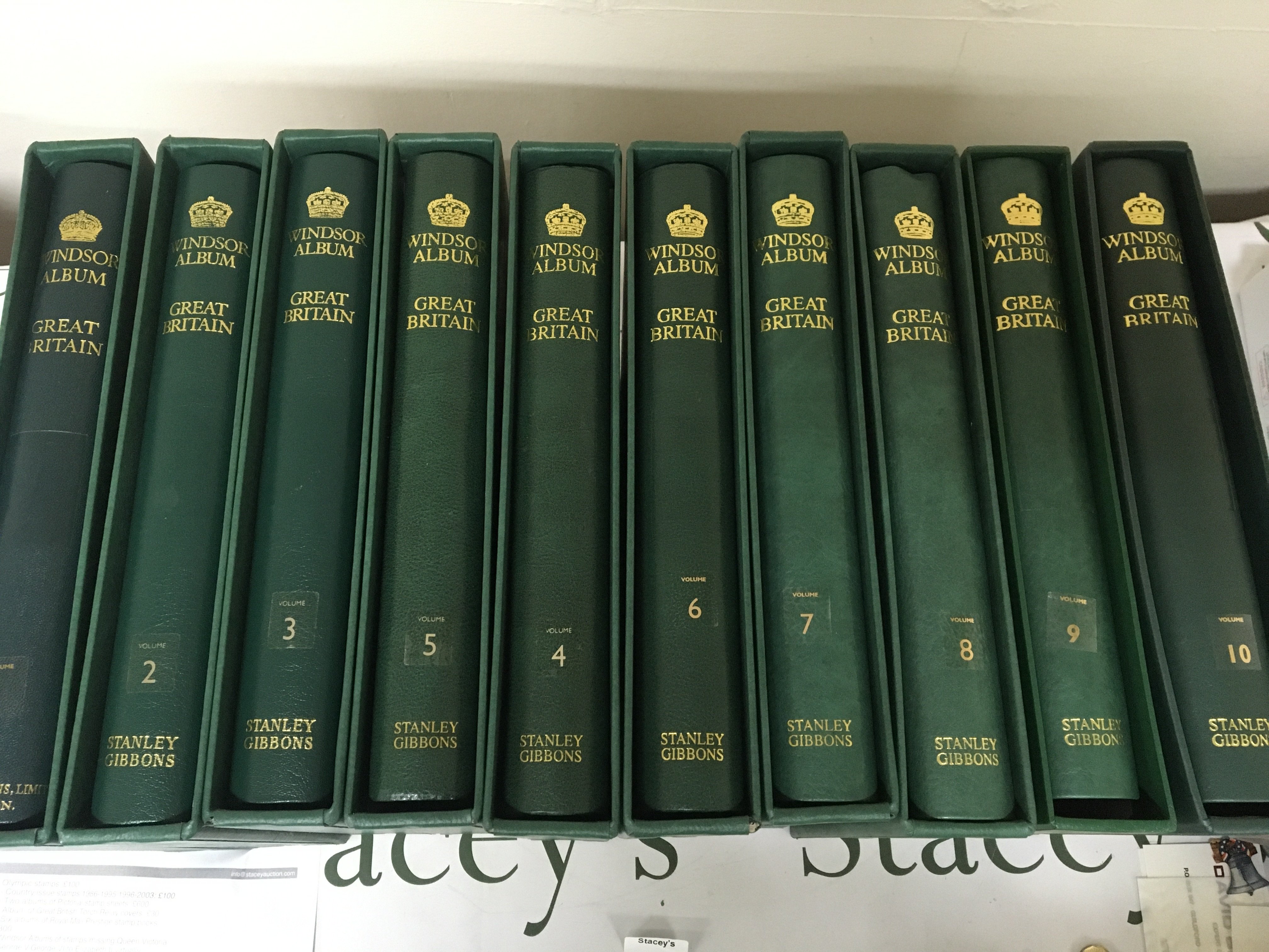 A Set of ten well presented Windsor Great Britain stamp albums Stanley Gibbons Missing Queen Victoria to George V the ten albums containing predominantly George VI and Elizabeth II this section of the ten albums virtually complete and unused. (10)