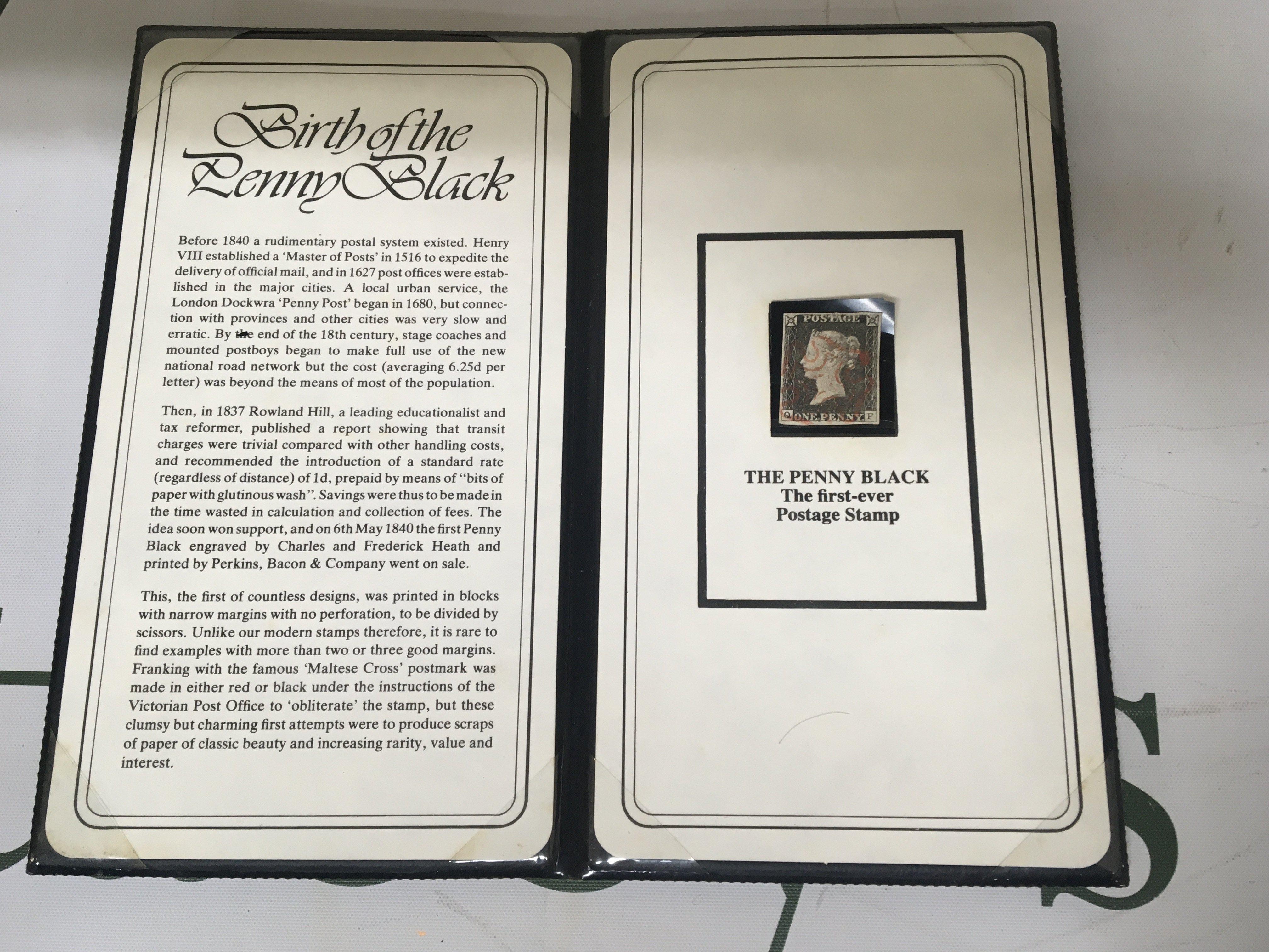 An 1840 Victorian penny black back stamp with red Maltese cross good margins in a black presentation wallet with stamp history.