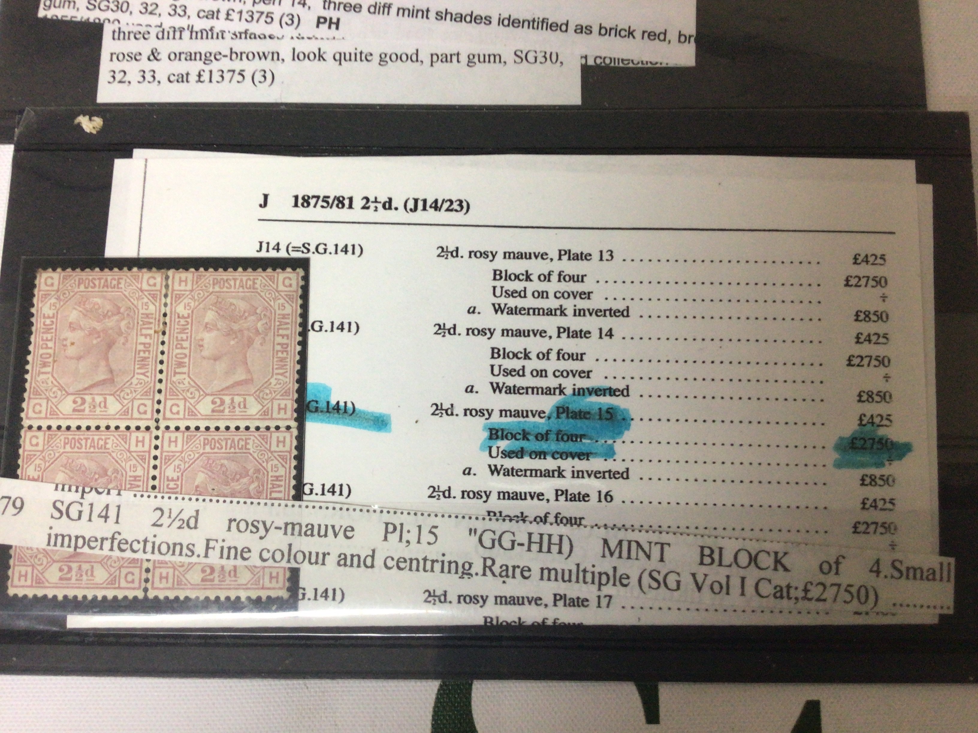 A rare block of four unused Victorian 2 1/2d rose mauve stamps with SG reference three examples of unused Penny reds and a 1924 George V 11/2d stamp. Unused possibly SG420c