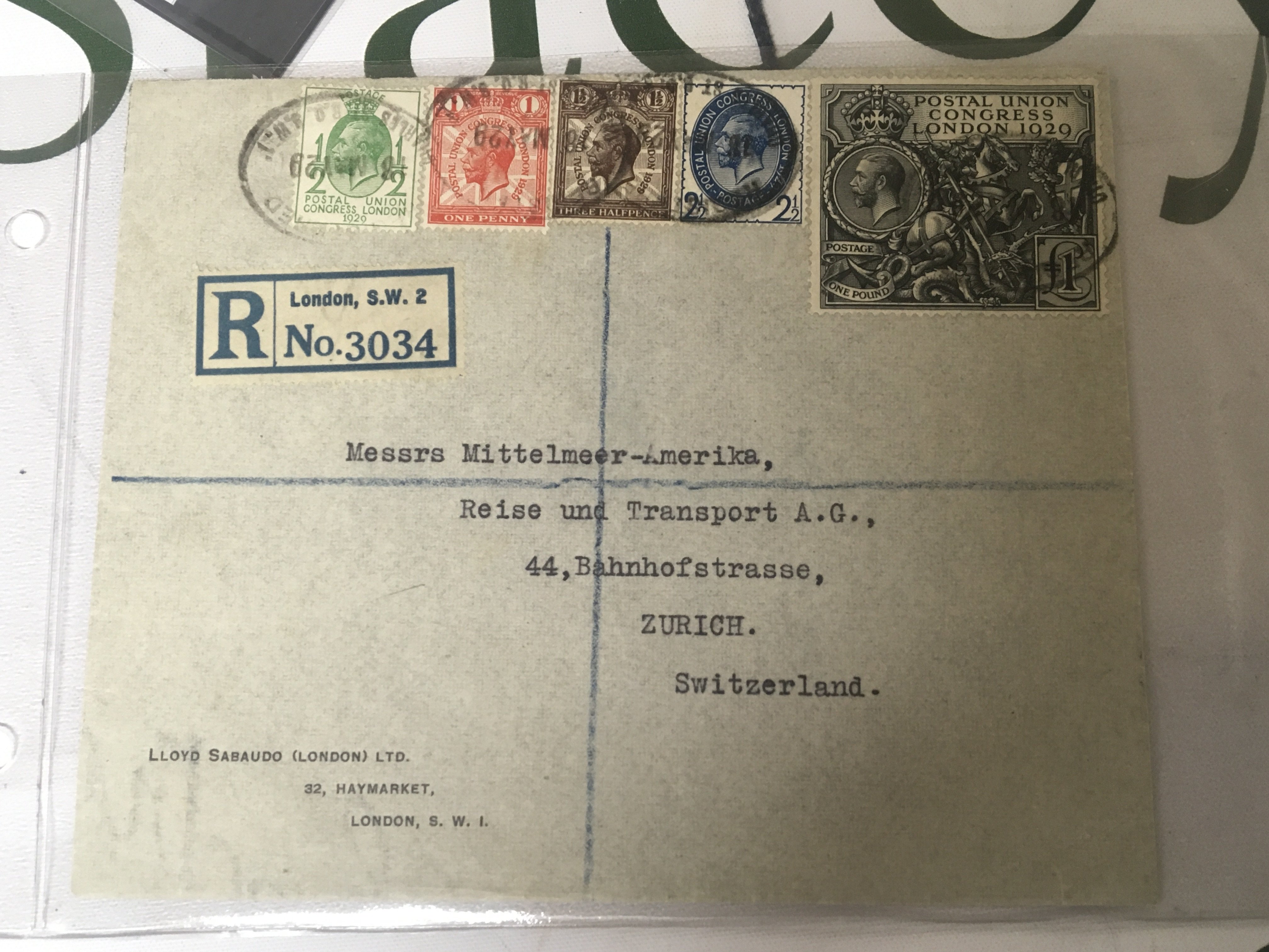A High Value Recorded delivery international postal cover with Postal Union Congress 1929 one pound stamp.