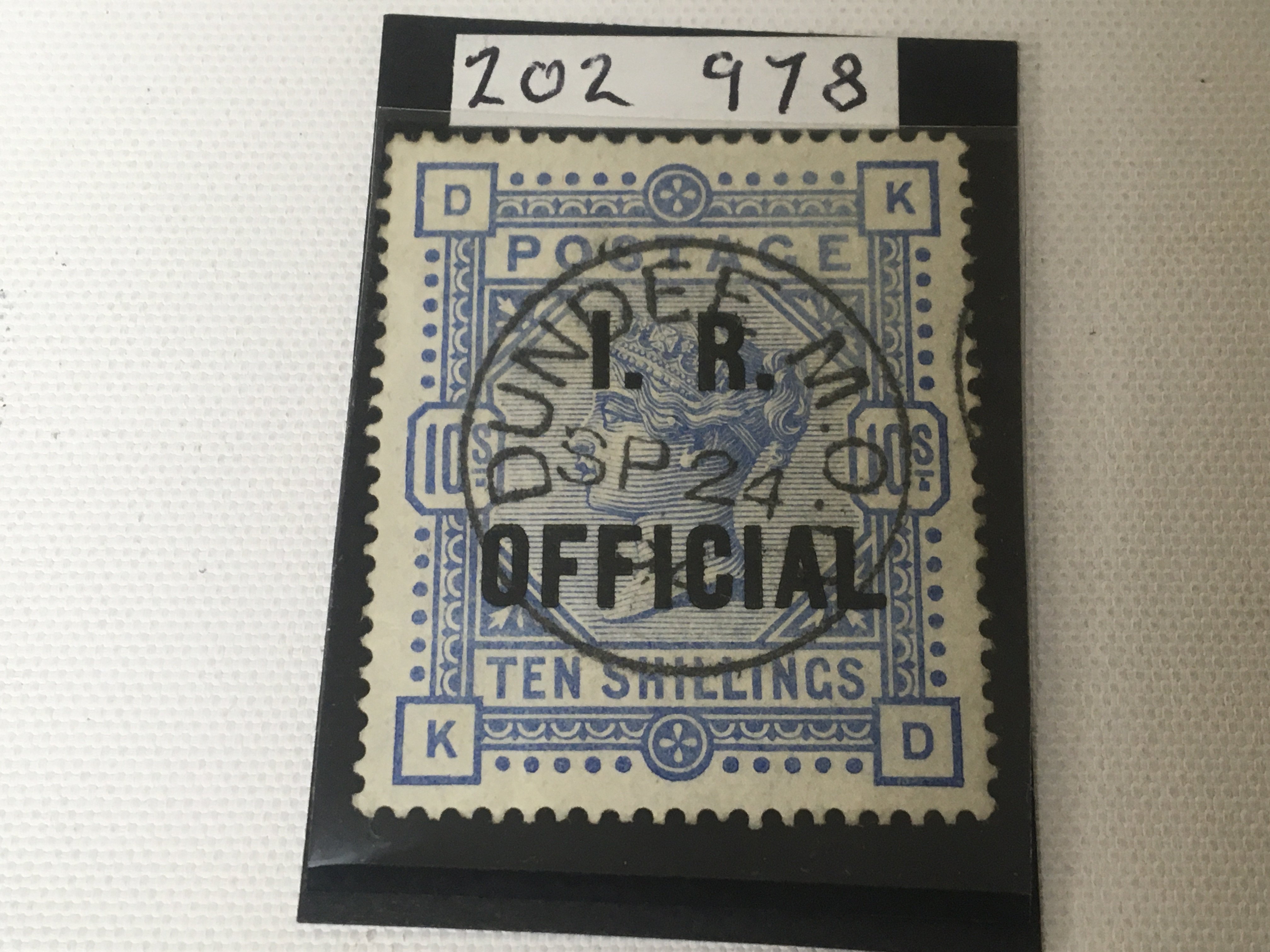 A rare Victorian Ten shilling stamp with I R official over stamp and also Dundee MO .