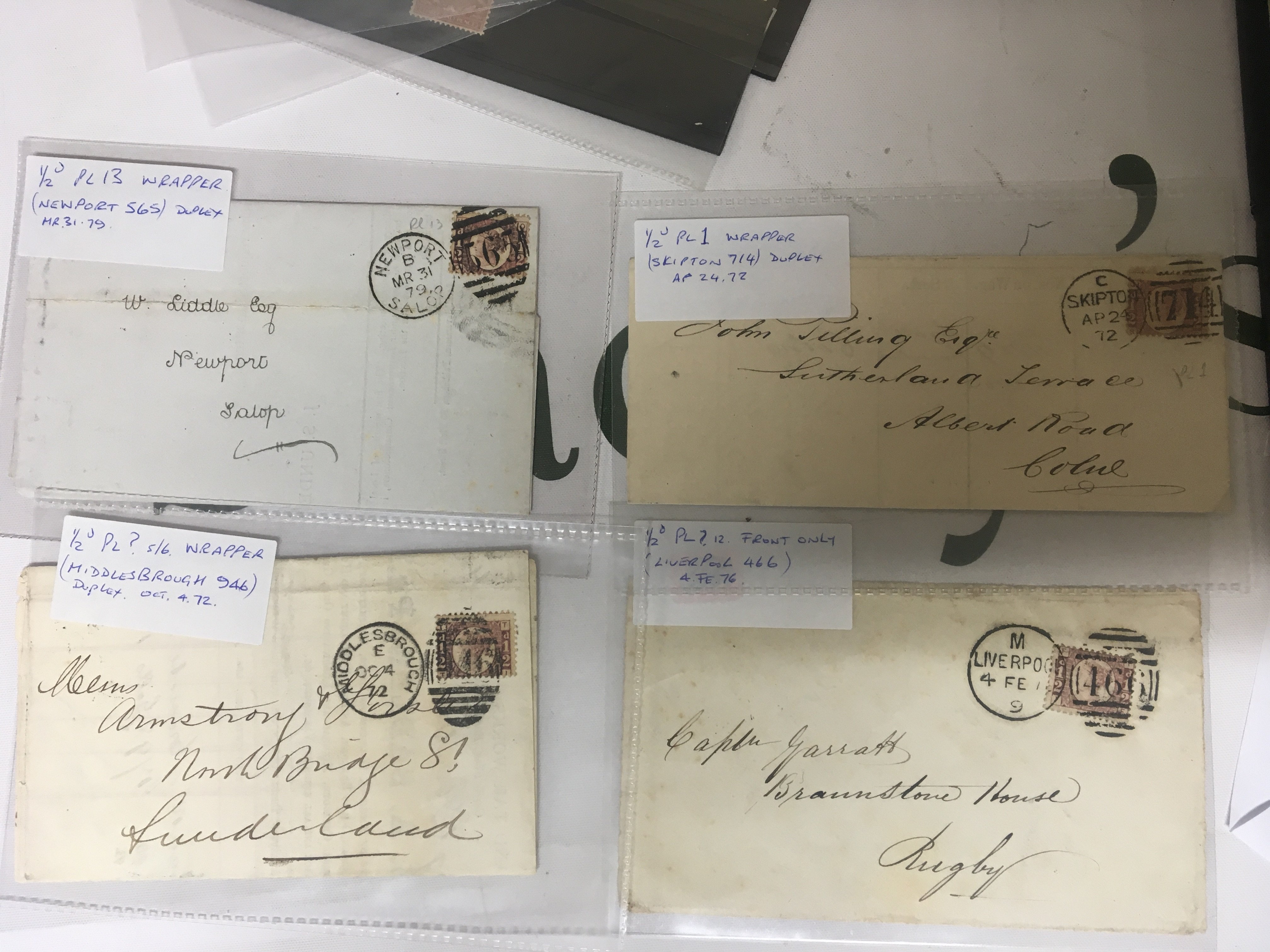 Four Victorian postal covers 1/2d Stamps with clear Frank marks Newport Middlesbrough Liverpool and Skipton (4)