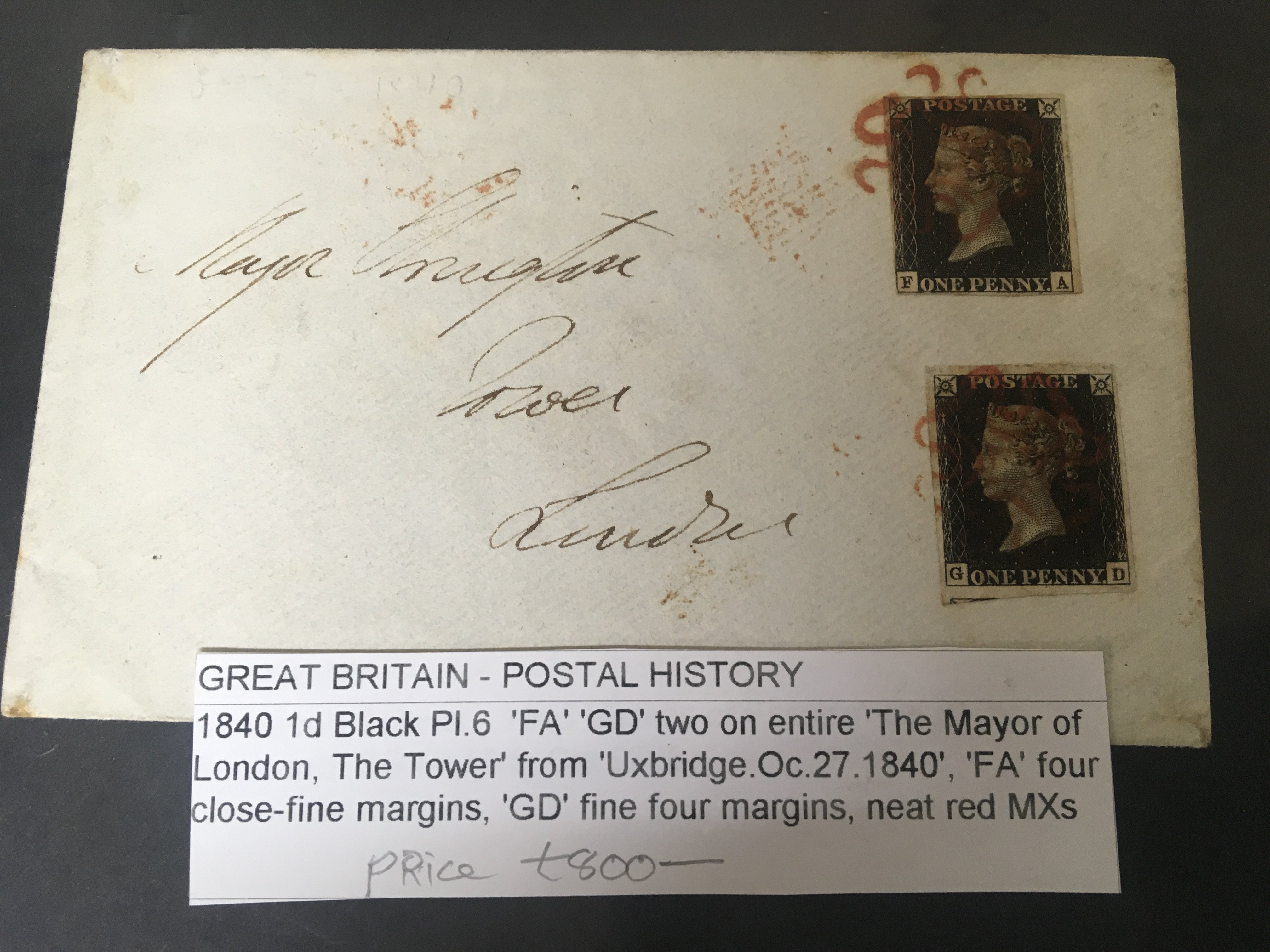A Nice example of a double stamped Victorian letter with two Victorian 1840 penny blacks F-A and G-D the reverse of the envelope with Uxbridge stamp Oc 27 1840 with opened wax seal with typed details