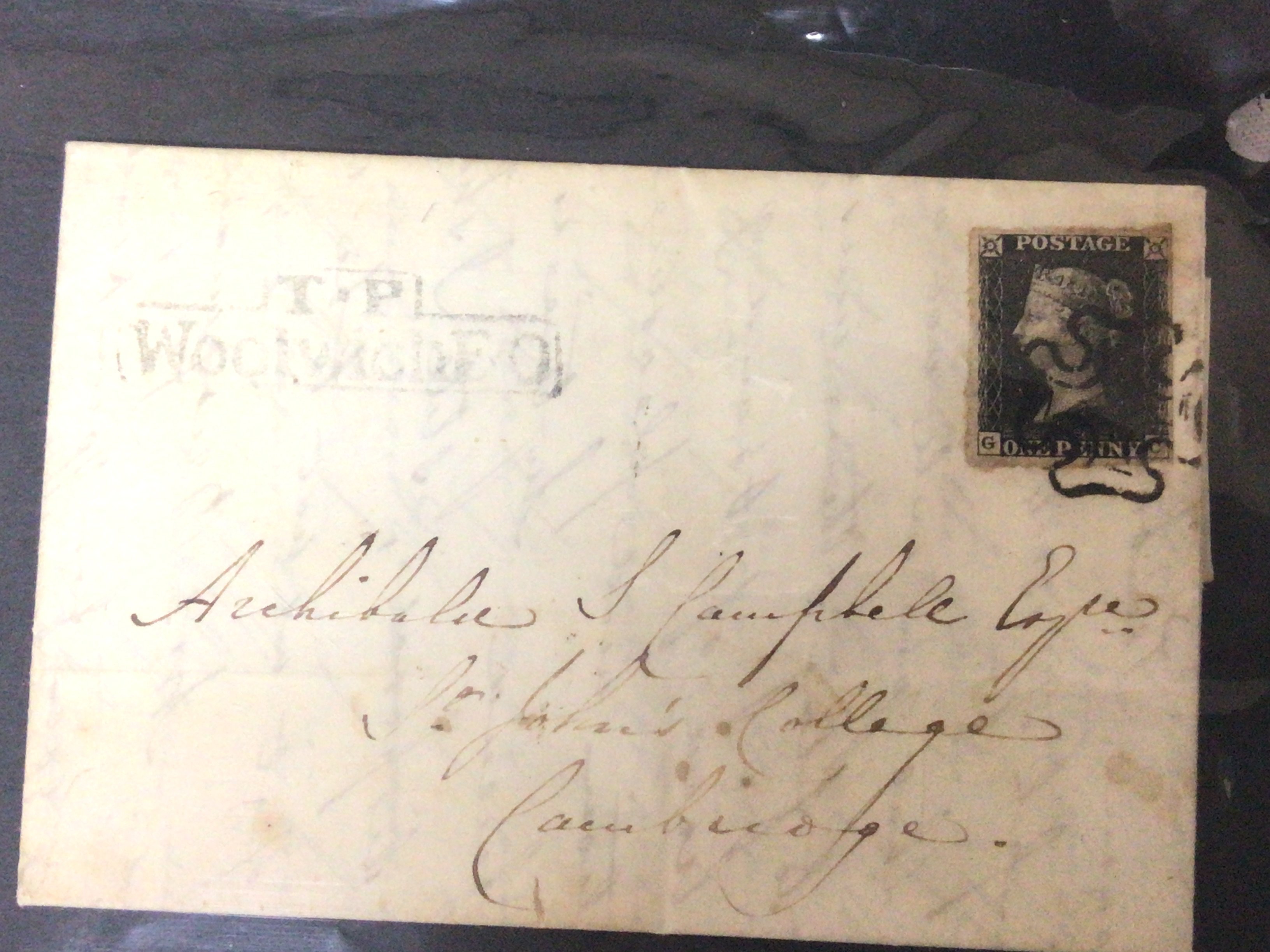A Nice example of an 1840 postal covers many with London - Cambridge Penny black with stamp for T P Woolwich with details printed.