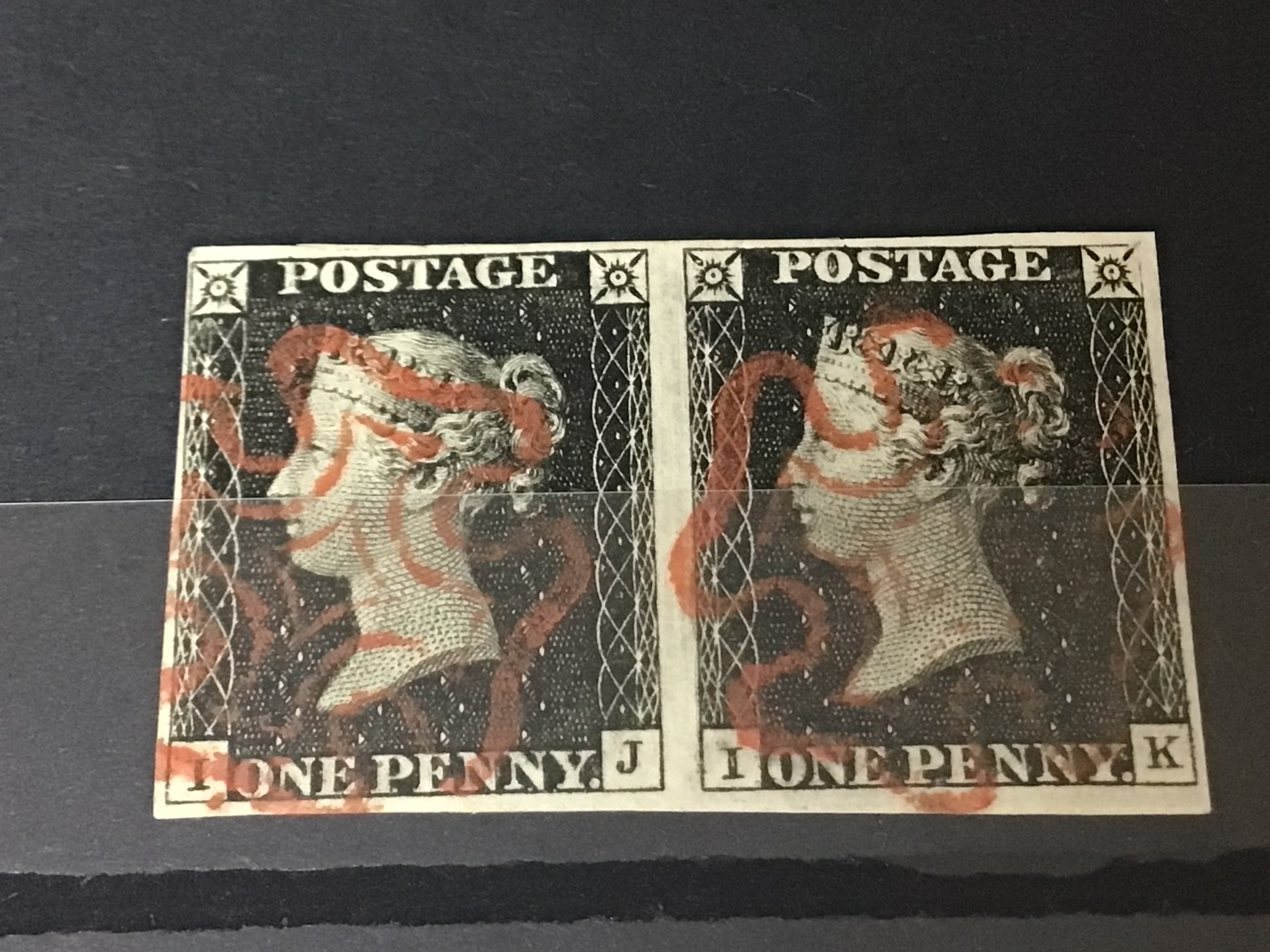 Victorian Penny black two block I-J I-K light red Maltese cross nice margins catalogue value &#20132662751250 with printed text description.