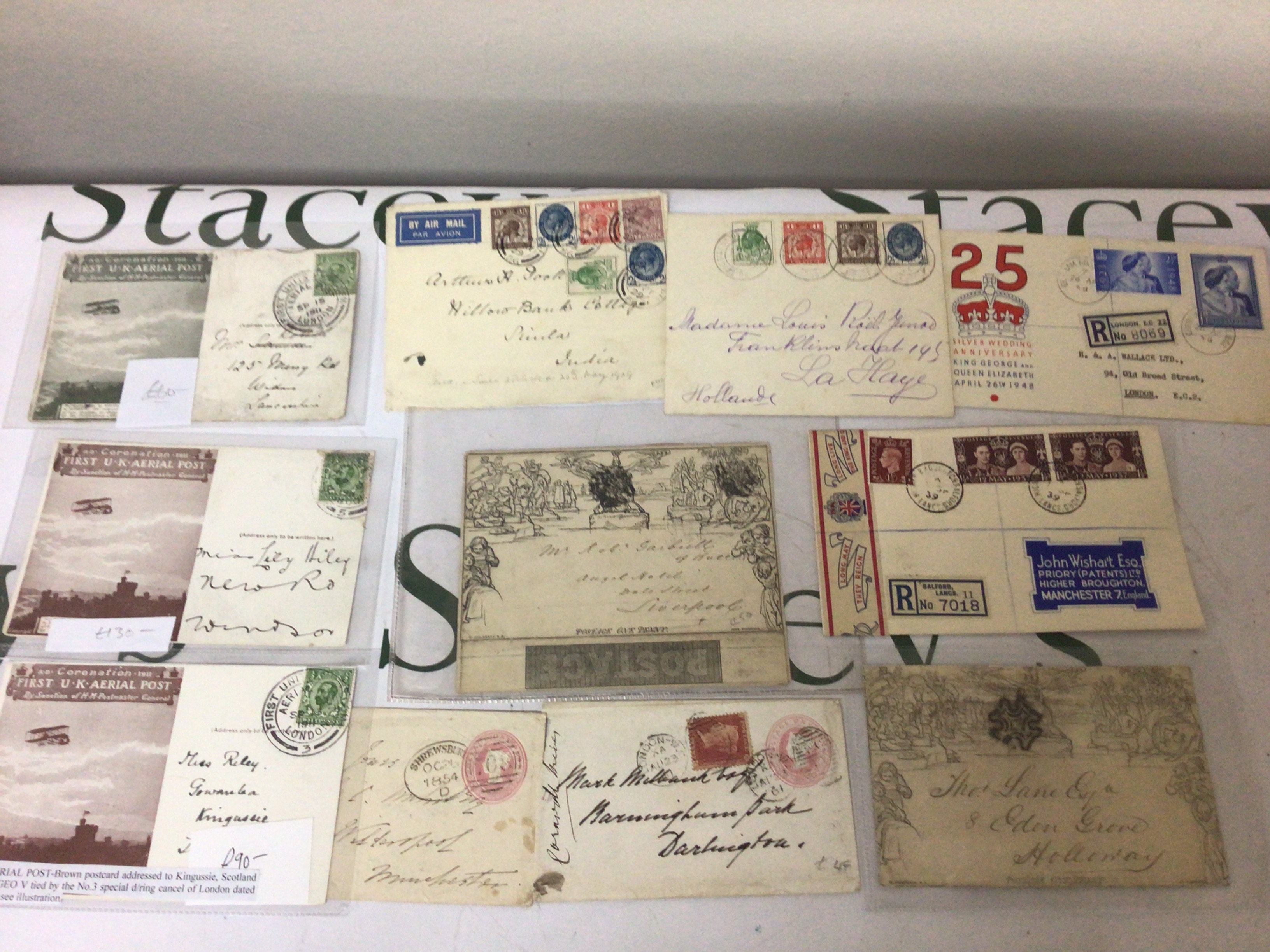 An intresting collection of Postal Covers including two Victorian Mullready RA design pre stamp covers one penny postage with black Maltese cross. Three 1911 First UK Ariel post covers other Victorian postal covers and George VI Silver Wedding cover and others.