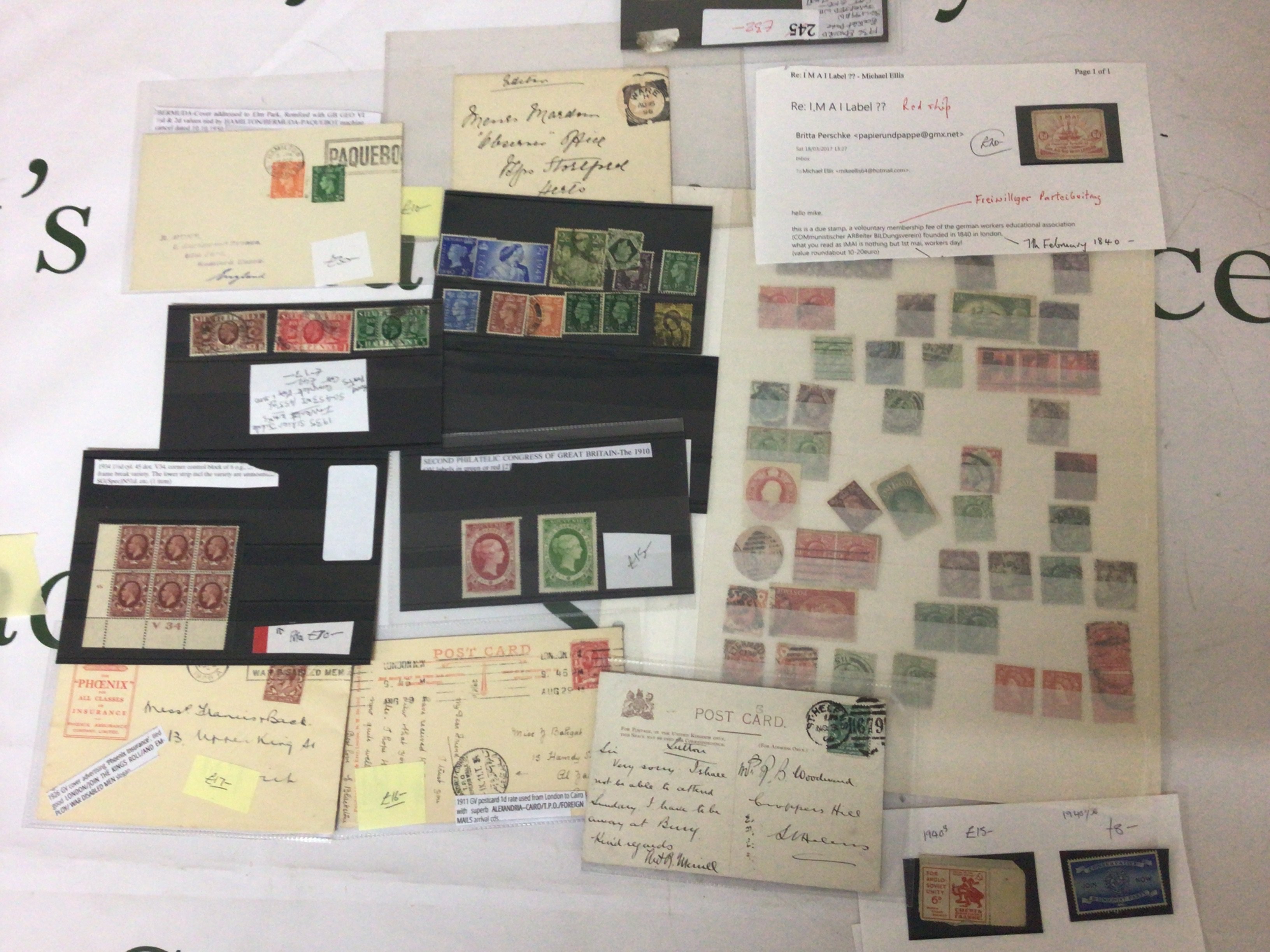 A collection of British stamps including an unused block of 1934 three halfpence stamps V34 Two stamps from the 1910 Philatelic Congress 1910 an intresting stamp voluntary membership fee. German workers education association postal covers and other stamps.