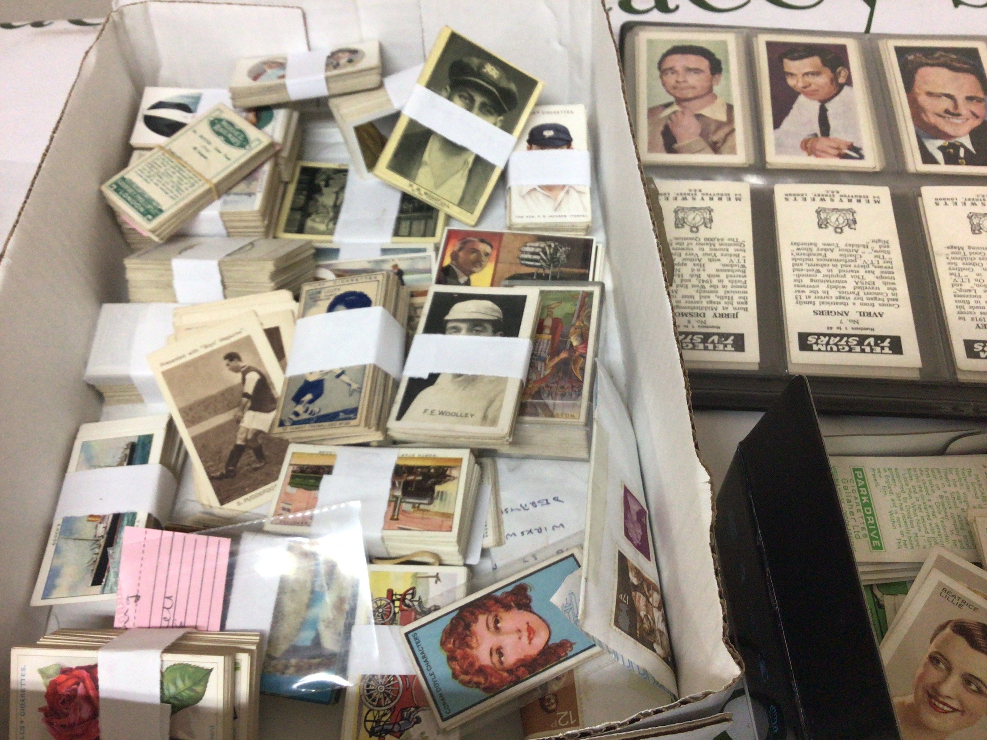 A box containing sets of vintage cigarette cards including a Gallaher Ltd cards Turf cards Mitchells Angling Vintage football cards from the boys Magazine Ogden a set of well presented Telegum TV stars and others.