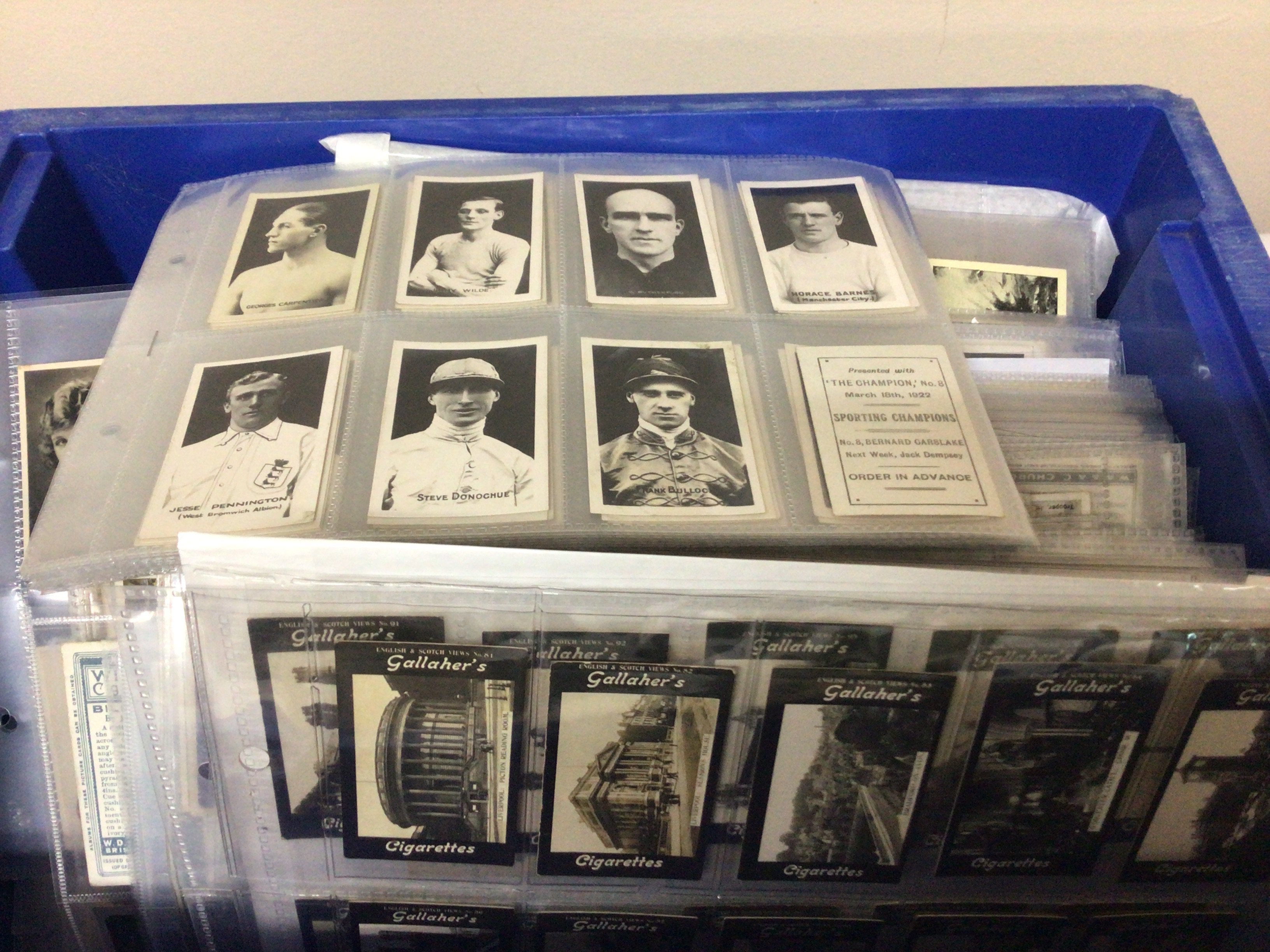 A box containing a large quantity of cigarette cards Sweet Kiss Series 3rd Series of Vintage Beauties Vintages Sporting championship from the 1920 Vintage Gallaher cards churchman&#2013266057۪s Vintage tea cards all well presented in plastic sleeves.