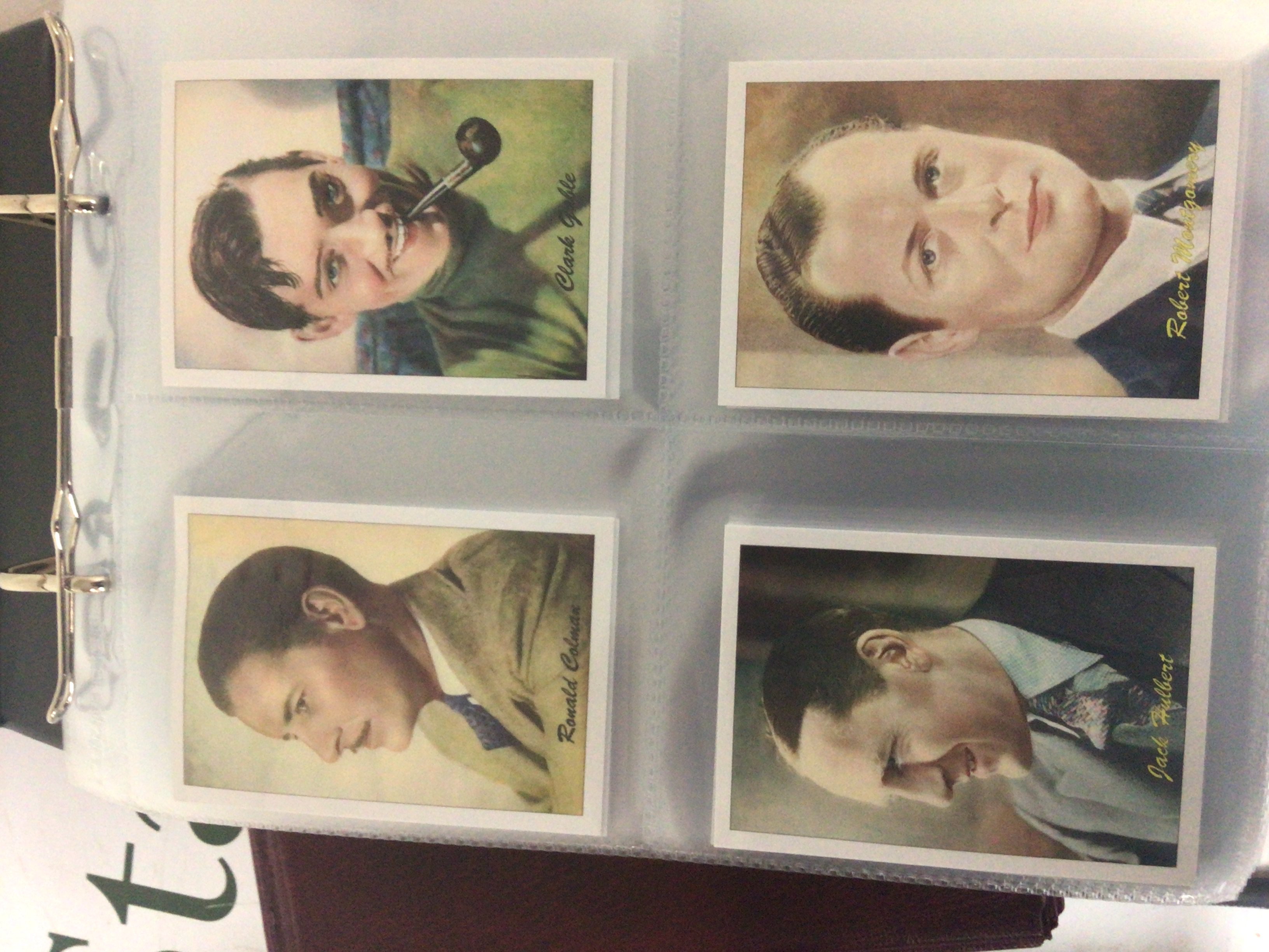 A collection of five well presented albums containing cigarette cards including 1930s film stars large cards players Prescott locomotives some postcards and pop and BBC radio 1 and many other cards.