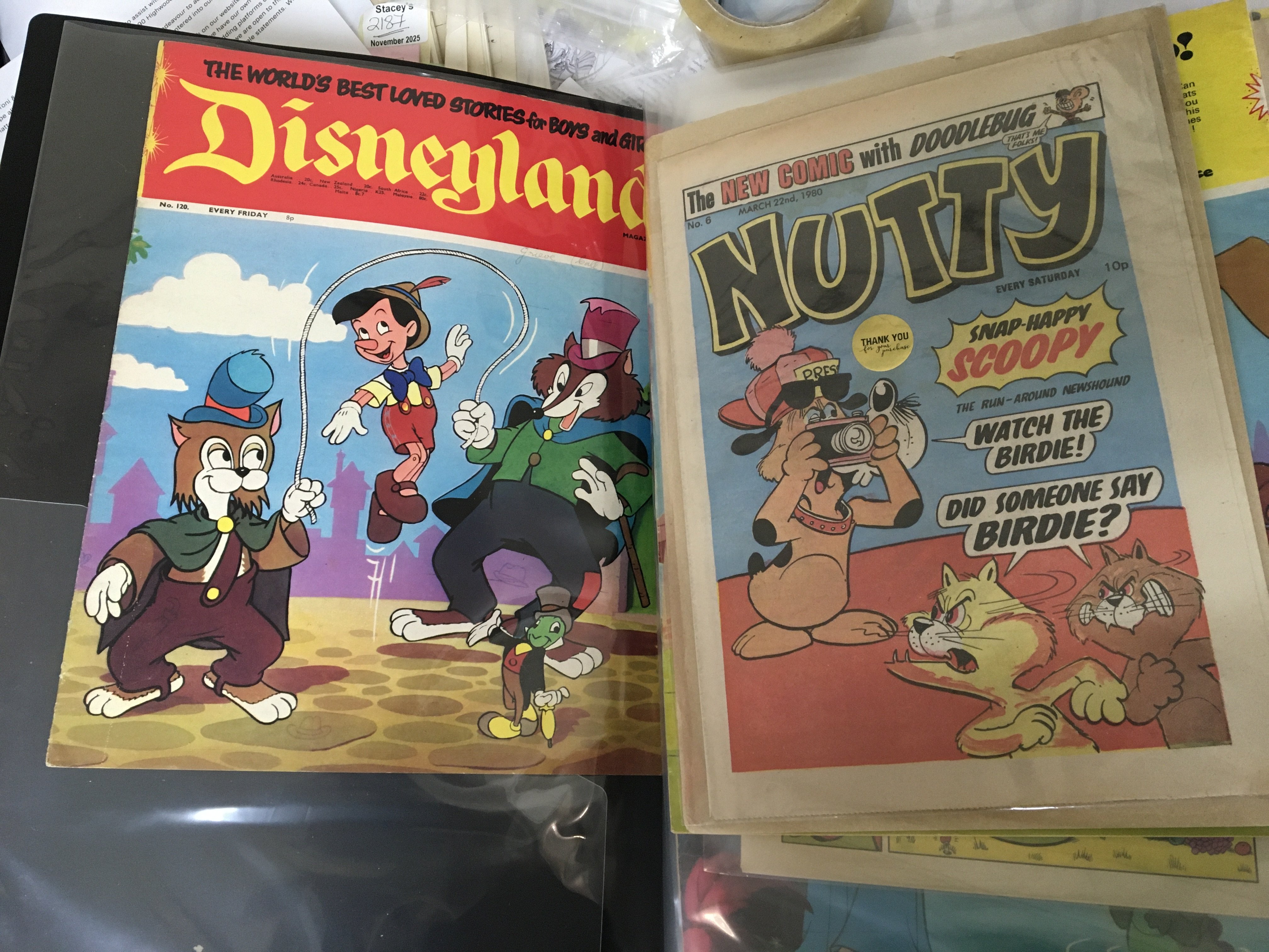 A box containing well presented albums containing Vintage comics a mixed collection including some early 20th century comics mainly pre decimal and early decimal British comics. Some first issue generally good condition some with pencil scribed. Several early number Disneyland Magazines numbered 80s 90s and many more mixed comics.