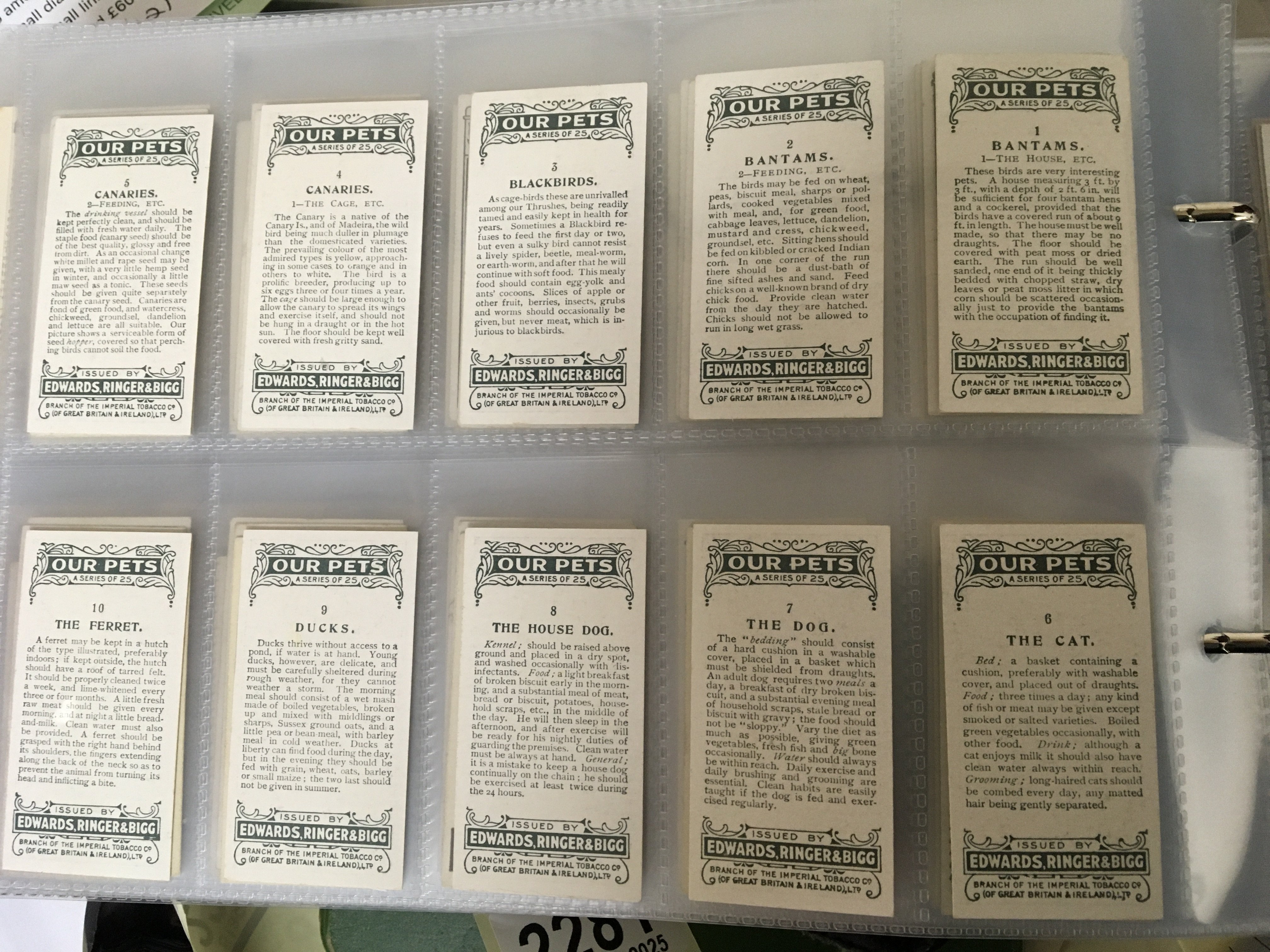 Six albums containing a well presented collection of Vintage cigarette cards some postcards and other collectors cards including a good set Edwards Ringer & Bigg Our Pets