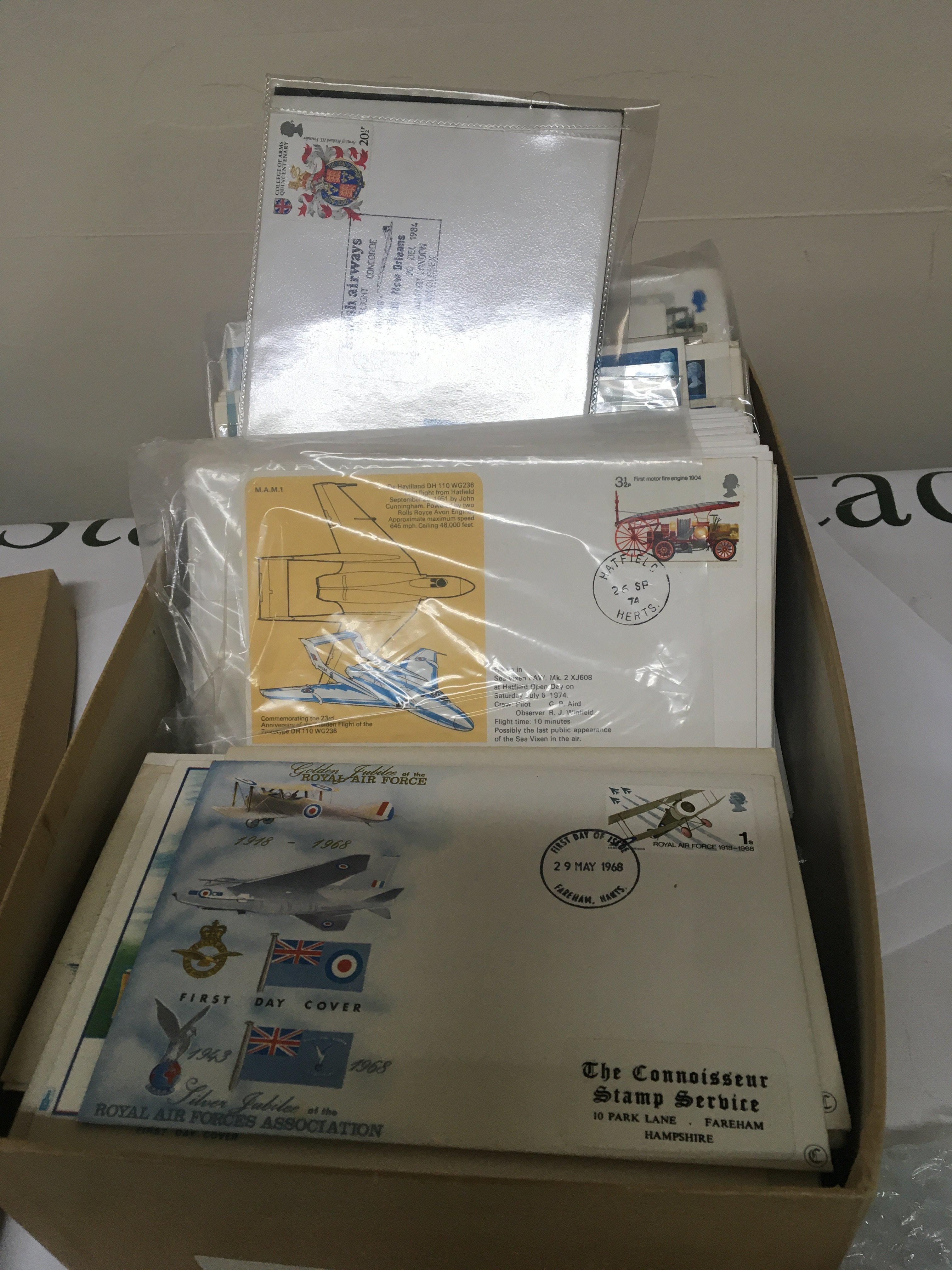 A box containing a good collection of Aviation flight postal covers some limited edition and signed by crew and pilots from 1968 onwards including Concord first flight covers 3/3/1969.