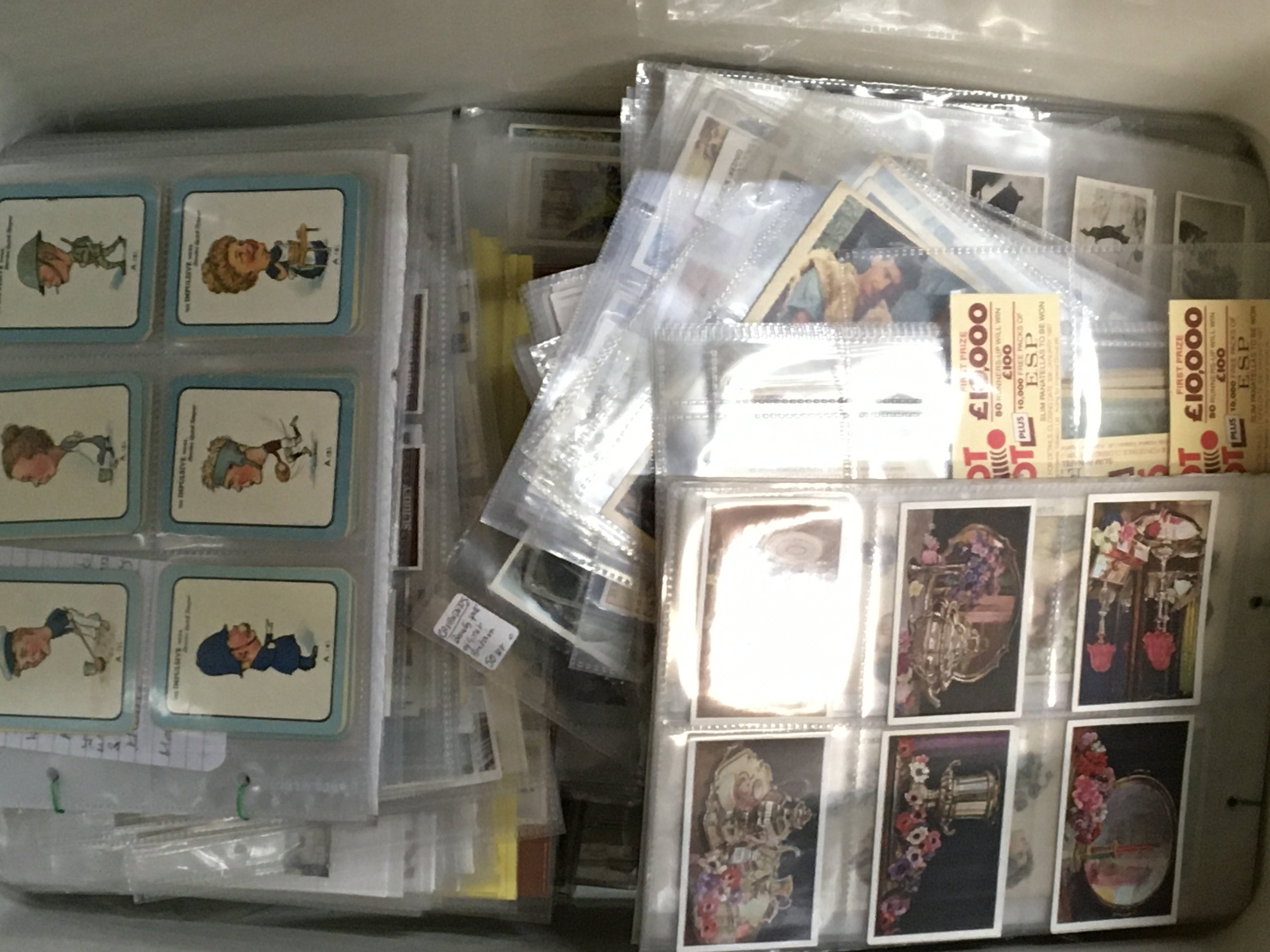 A box containing a comprehensive large collection of cigarette cards and trade cards most well presented in Plastic sleeves.