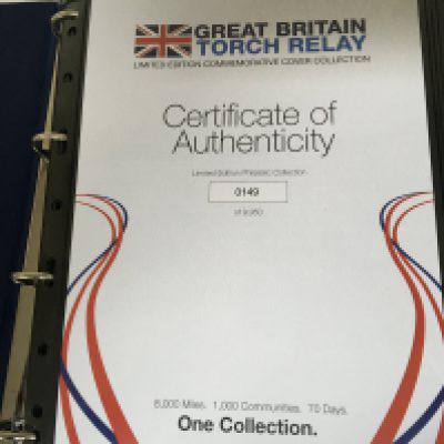 A complete album of limited edition stamp covers Great Britain Torch Relay Olympics a very well presented album with all seventy covers. Issue number 149.