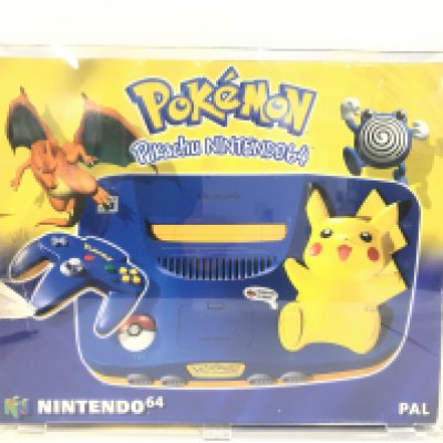 A Boxed Nintendo 64 Pokemon Pikachu Version. In A Acrylic Case.