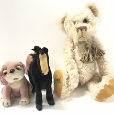 A Charlie Bear Jack With Tags and Bag. A Deans Rag Book Fuzzy with Tags. A Merrythought tassels Bear and 2 Others (no Maker).