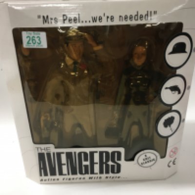 The Avengers boxed action figures featuring STEED and MRS PEEL with accessories including bottle of champagne with 2 glasses..an umbrella..bowler hat and gun.