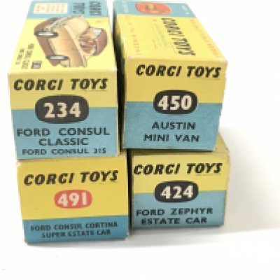 A collection of 4 boxed diecast cars by Corgi includes No234 a Ford Consul Classic..No424 a Ford Zephyr Estate with whitewall tyres..No450 a Austin Mini van and No491 a Ford Consul Cortina super estate car.