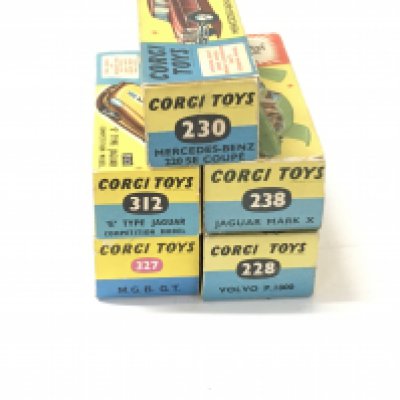 A collection of 5 boxed diecast model cars by Corgi includes No228 a Volvo P.1800..No230 a Mercedes Benz 220se Coupe..No238 a Jaguar Mark X ..No312 a E Type Jaguar and No327 a MGB GT