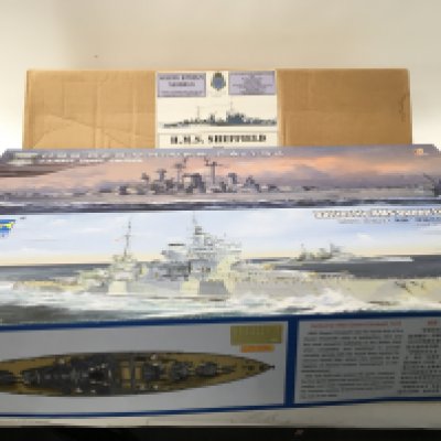 3x boxed model warship kits includes HMS Sheffield 1941 by White Ensign Models. Started&hellip;. Battleship HMS Queen Elizabeth 1943 by Trumpeter models. Started&hellip;..Heavy Cruiser USS Des Moines CA134 by Very Fire.. No reserve. (3)