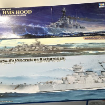 3x boxed Warship model kits includes Battle Cruiser HMS HOOD by Trumpeter&hellip;.Battleship USS MISSOURI BB63 by Tamiya..started&hellip;. Battlecruiser BARBAROSSA by Trumpeter&hellip;.No reserve. (3)