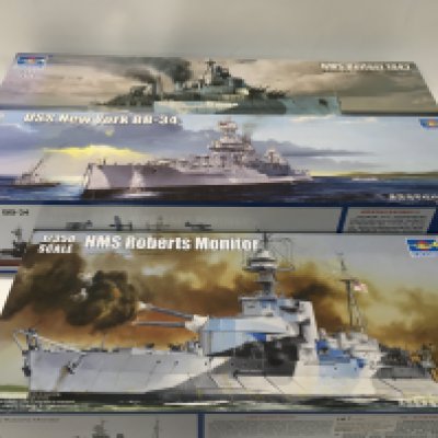 3x boxed warship model kits includes Battleship USS NEW YORK BB34 by Trumpeter..started..Monitor HMS ROBERTS MONITOR by Trumpeter&hellip;Cruiser. HMS BELFAST 1942. by Trumpeter..started. No reserve..(3)