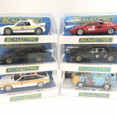 6 Boxed Scalextric Cars. A Ford RS200. 2 X Lamborghini Countachs. A Ford Mustang. A Rover SD1 And A VW Panel Van T1B.