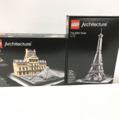 Two sealed boxed Lego architectural sets #21018. The Eiffel Tower and #21024. The Louvre