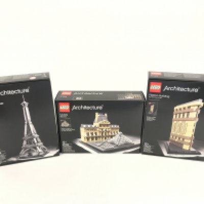 3 boxed and sealed Lego sets, to include Eiffel Tower 21019, Louvre 21024, Flatiron Building 21023. No reserve.