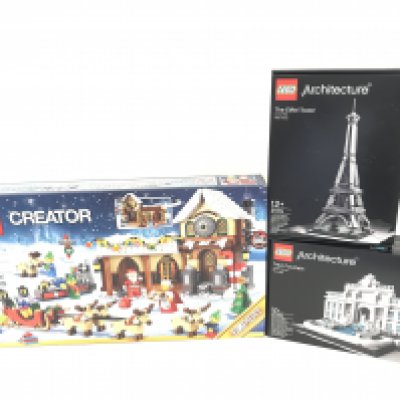 3 boxed and sealed Lego sets. To include 10245 Santas Workshop. 21020 Trevi Fountain. 21019 Eiffel Tower. No reserve.